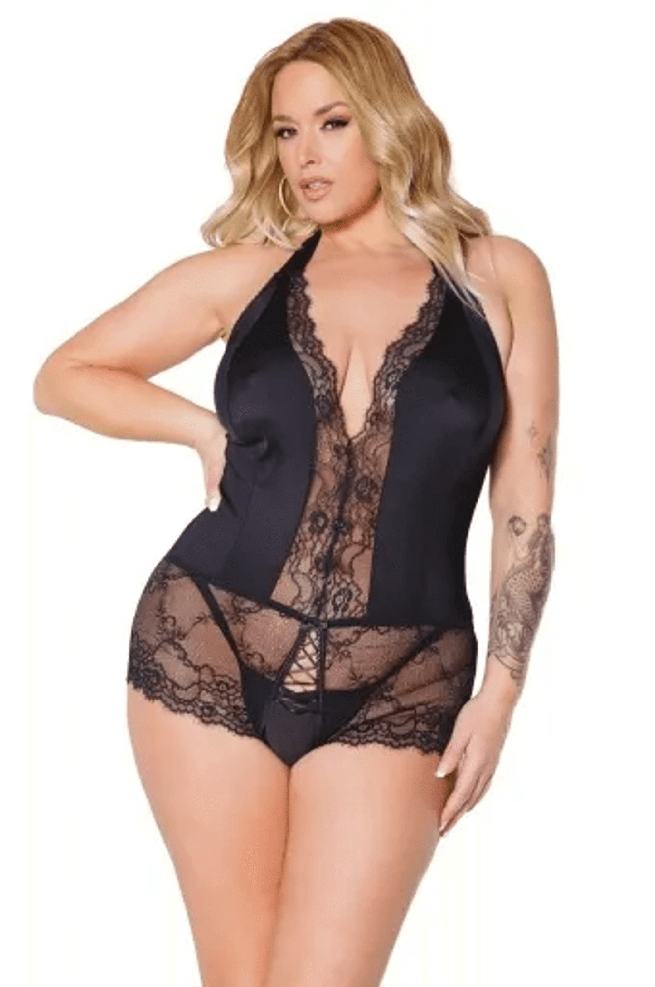 Satin & Lace Crotchless Halter Teddy