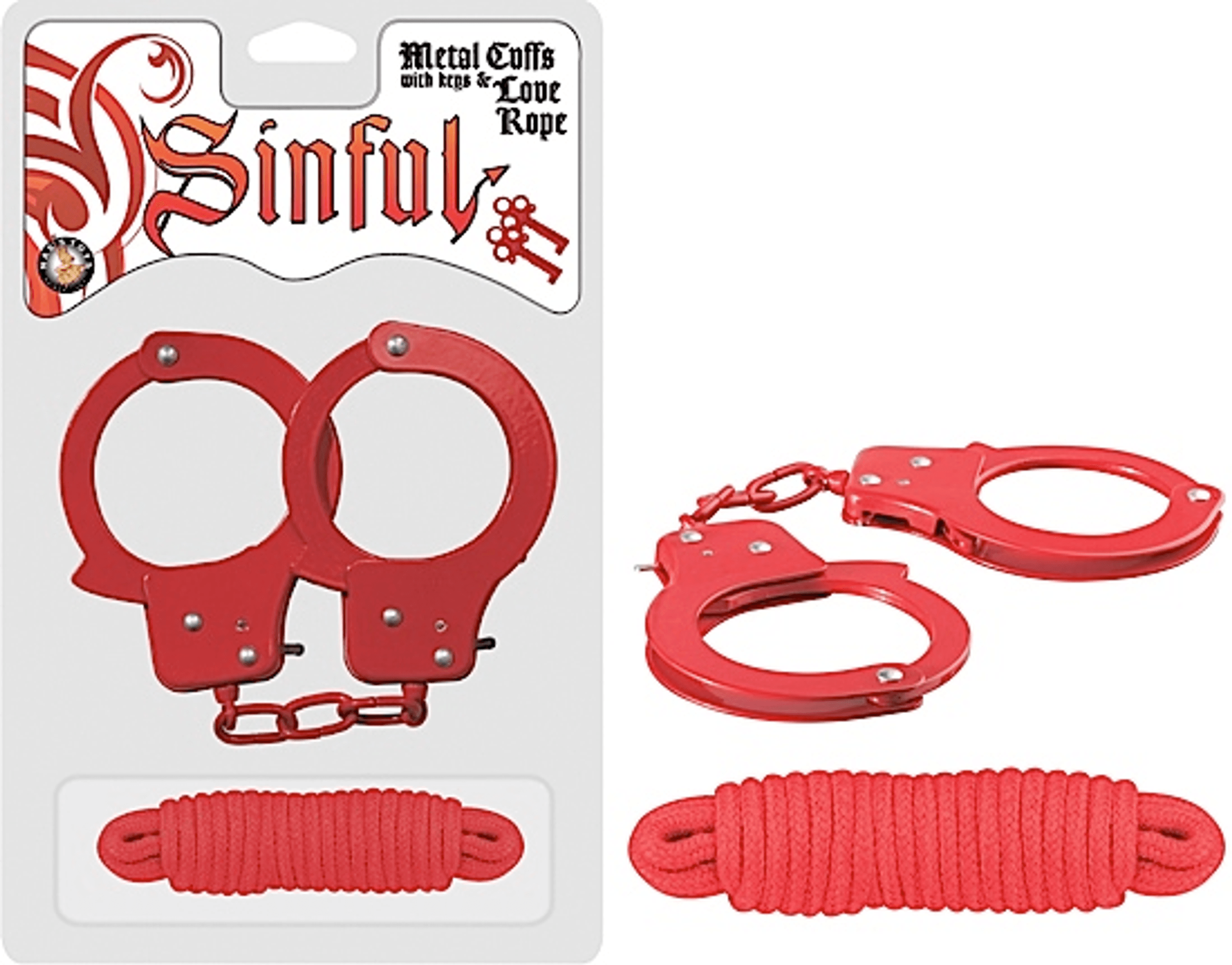 Sinful Metal Cuffs With Love Rope - Red