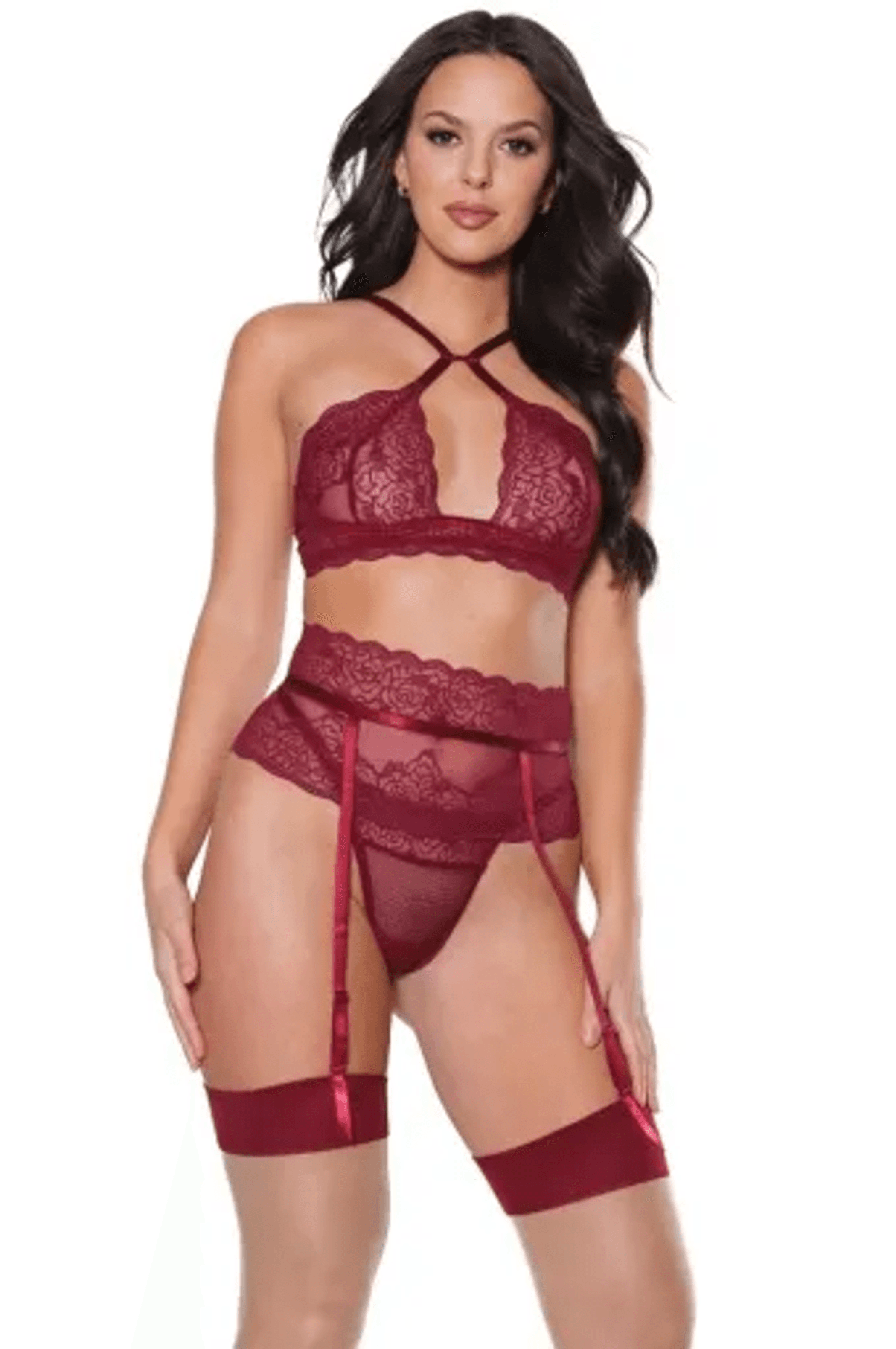 Coquette Bra and Garter Belt Set in Merlot