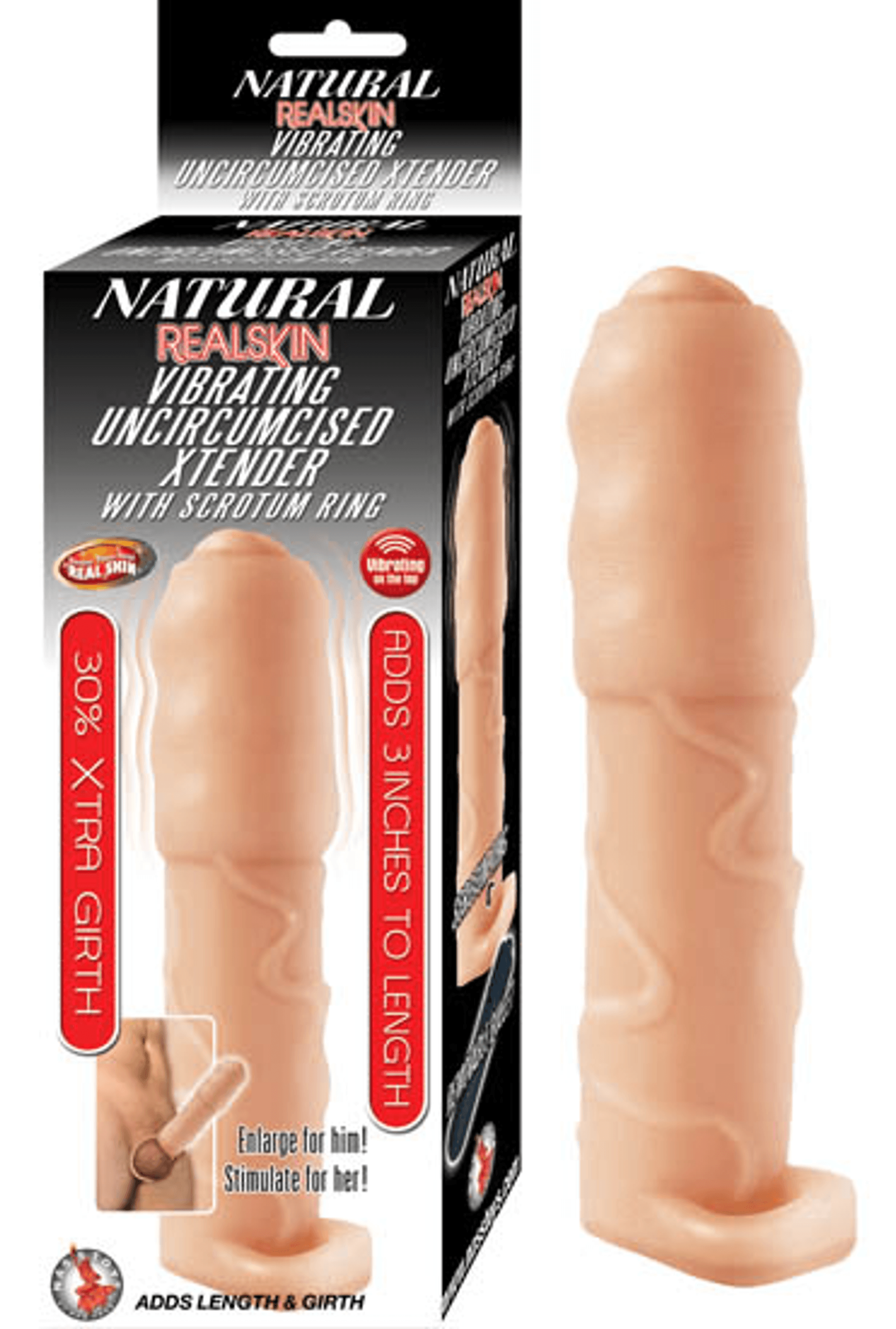 Natural RealSkin Vibrating Uncircumcised Xtender w/ Scrotum Ring
