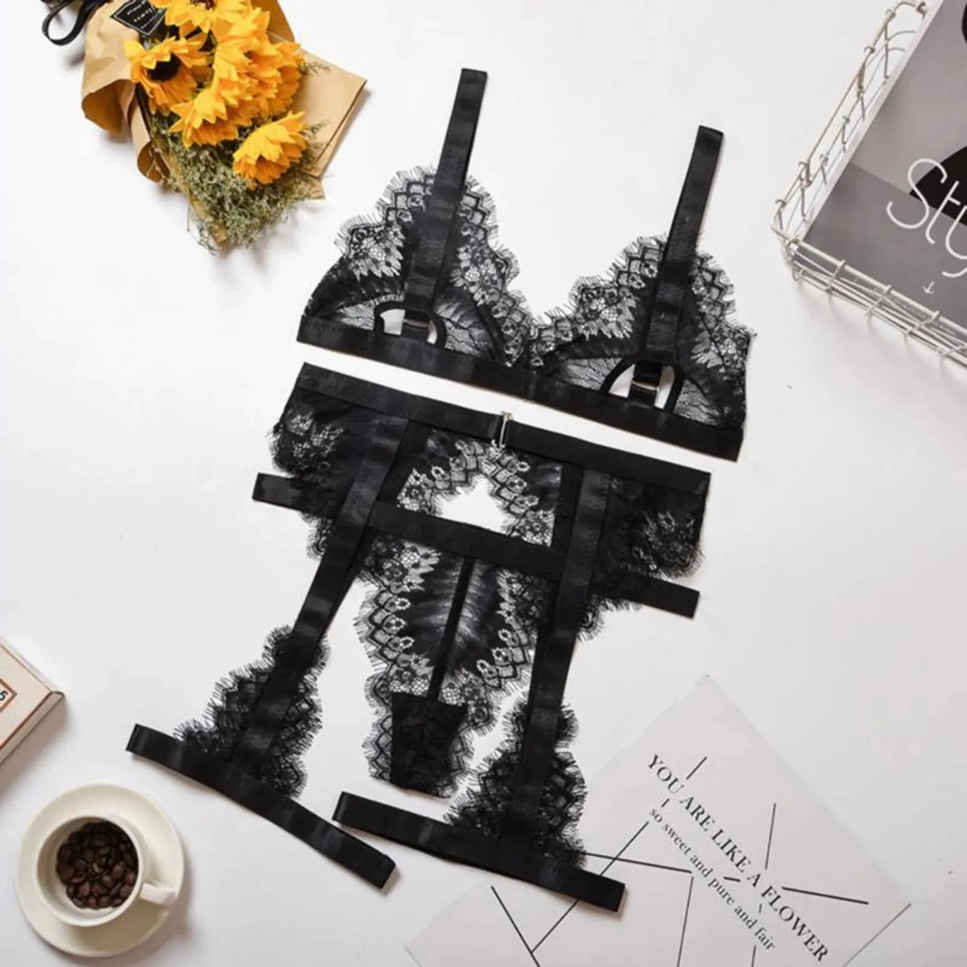 Satin and Eyelash Lace Garter Belt and G-String Set La Belle Fantastique