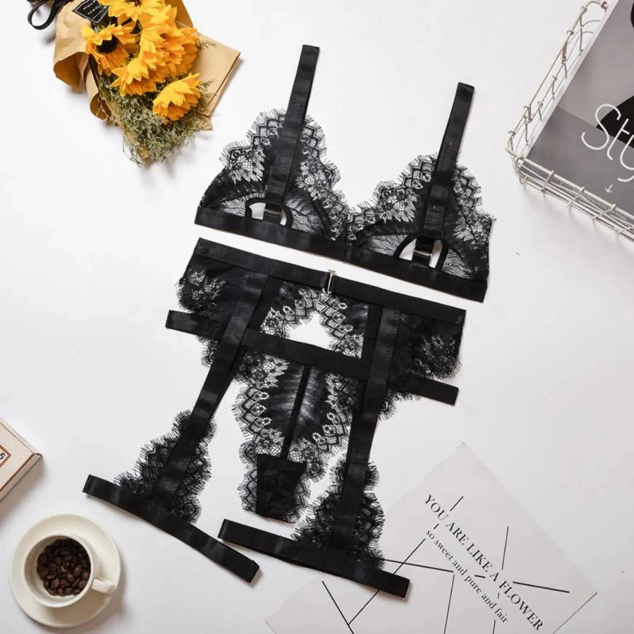 Satin and Eyelash Lace Garter Belt and G-String Set La Belle Fantastique