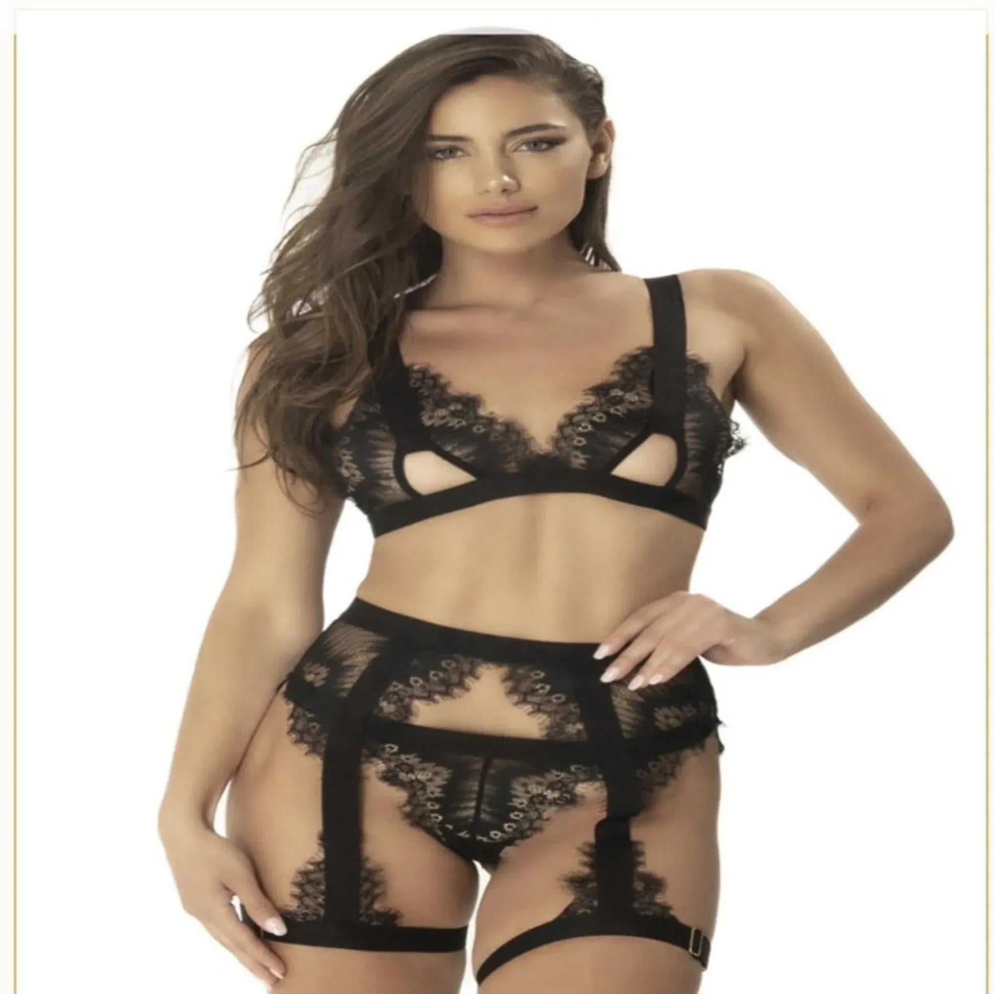 Satin and Eyelash Lace Garter Belt and G-String Set La Belle Fantastique