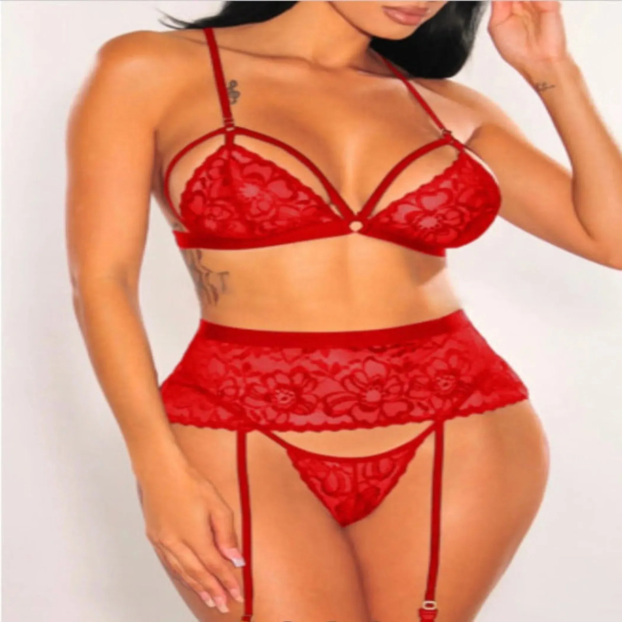 Lace Strappy Lingerie with Garter Belt (3-Piece Set) La Belle Fantastique