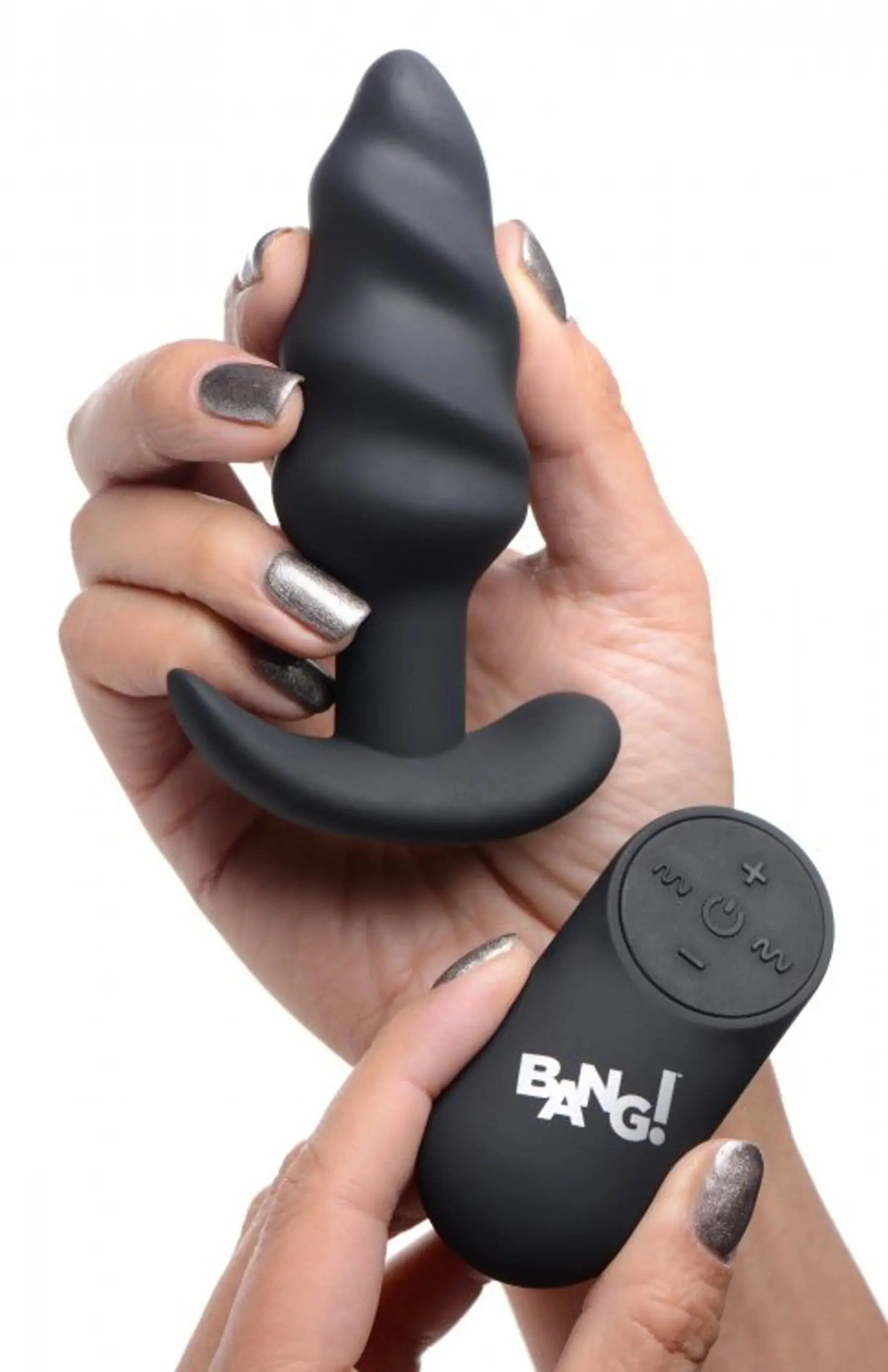 21X Vibrating Silicone Swirl Butt Plug with Remote - Black XR Brands