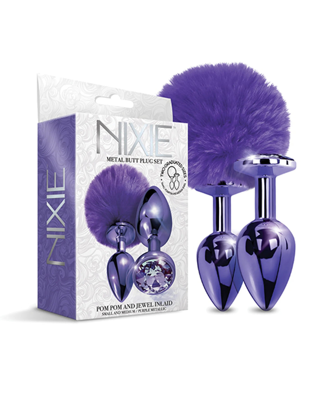 Nixie Metal Butt Plug Set Pom Pom & Jewel Purple Metallic Global Novelties