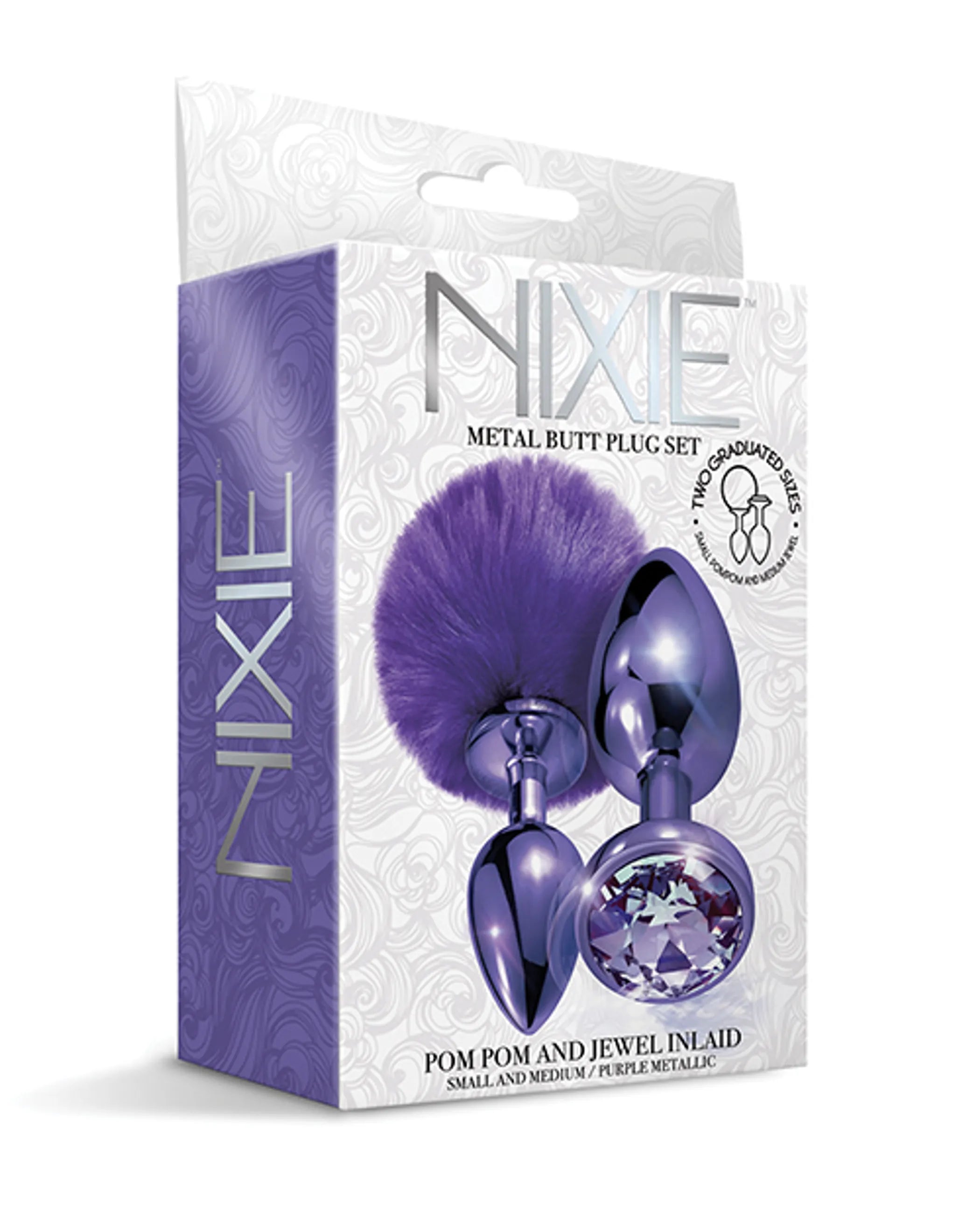 Nixie Metal Butt Plug Set Pom Pom & Jewel Purple Metallic Global Novelties