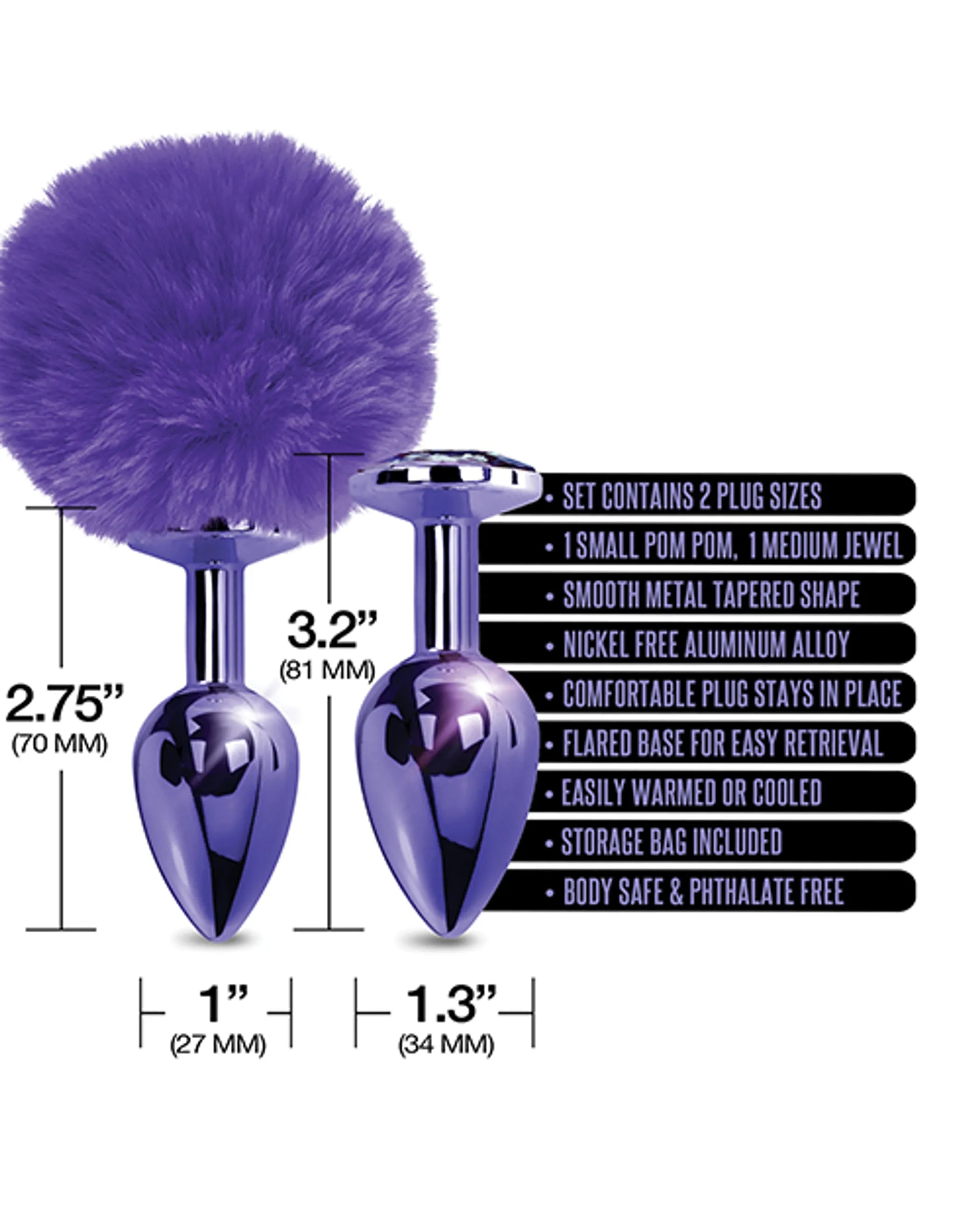 Nixie Metal Butt Plug Set Pom Pom & Jewel Purple Metallic Global Novelties