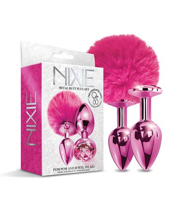 Nixie Metal Butt Plug Set Pom Pom and Jewel Pink Metallic Global Novelties