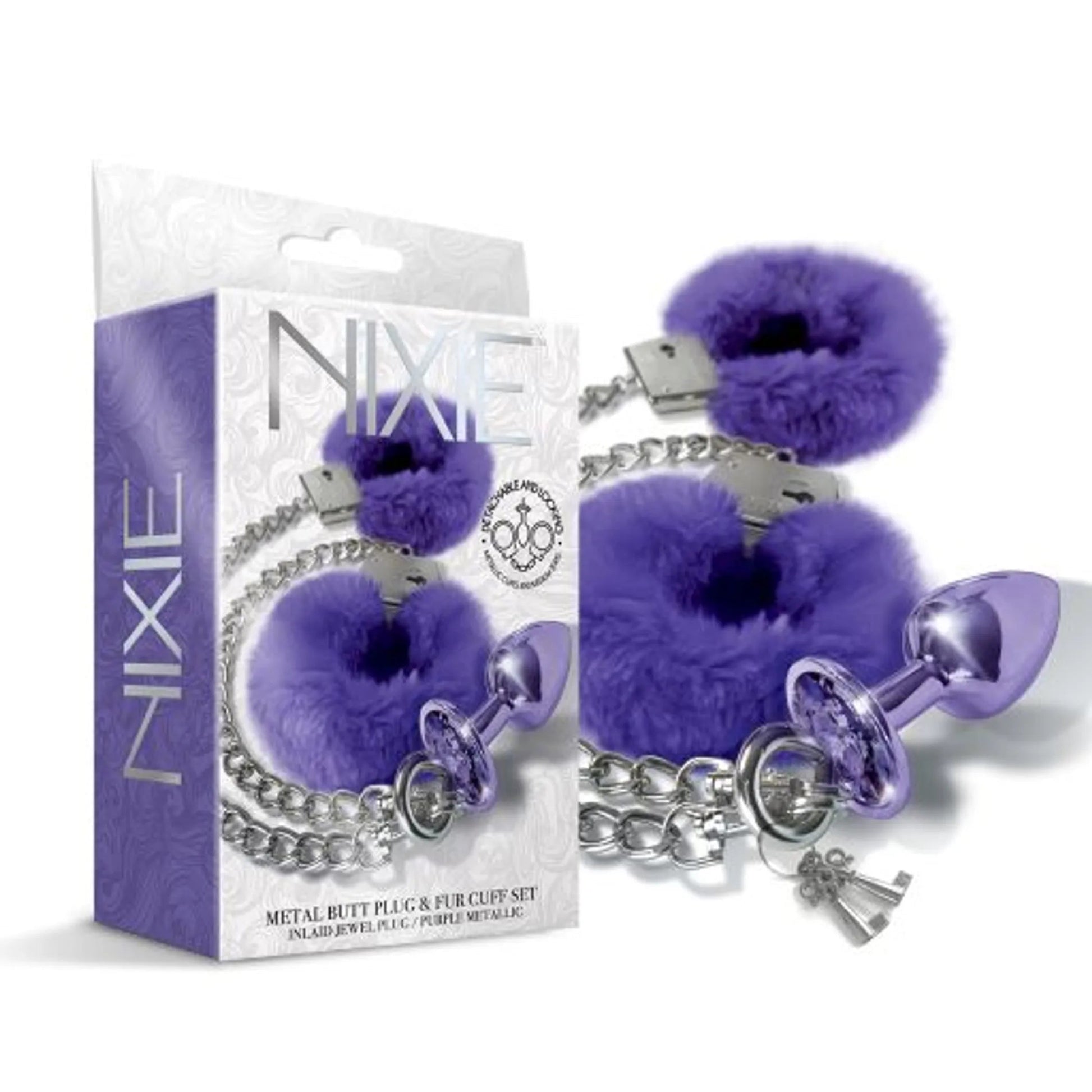 Nixie Metal Plug and Furry Cuff Set in Purple Metallic Global Novelties