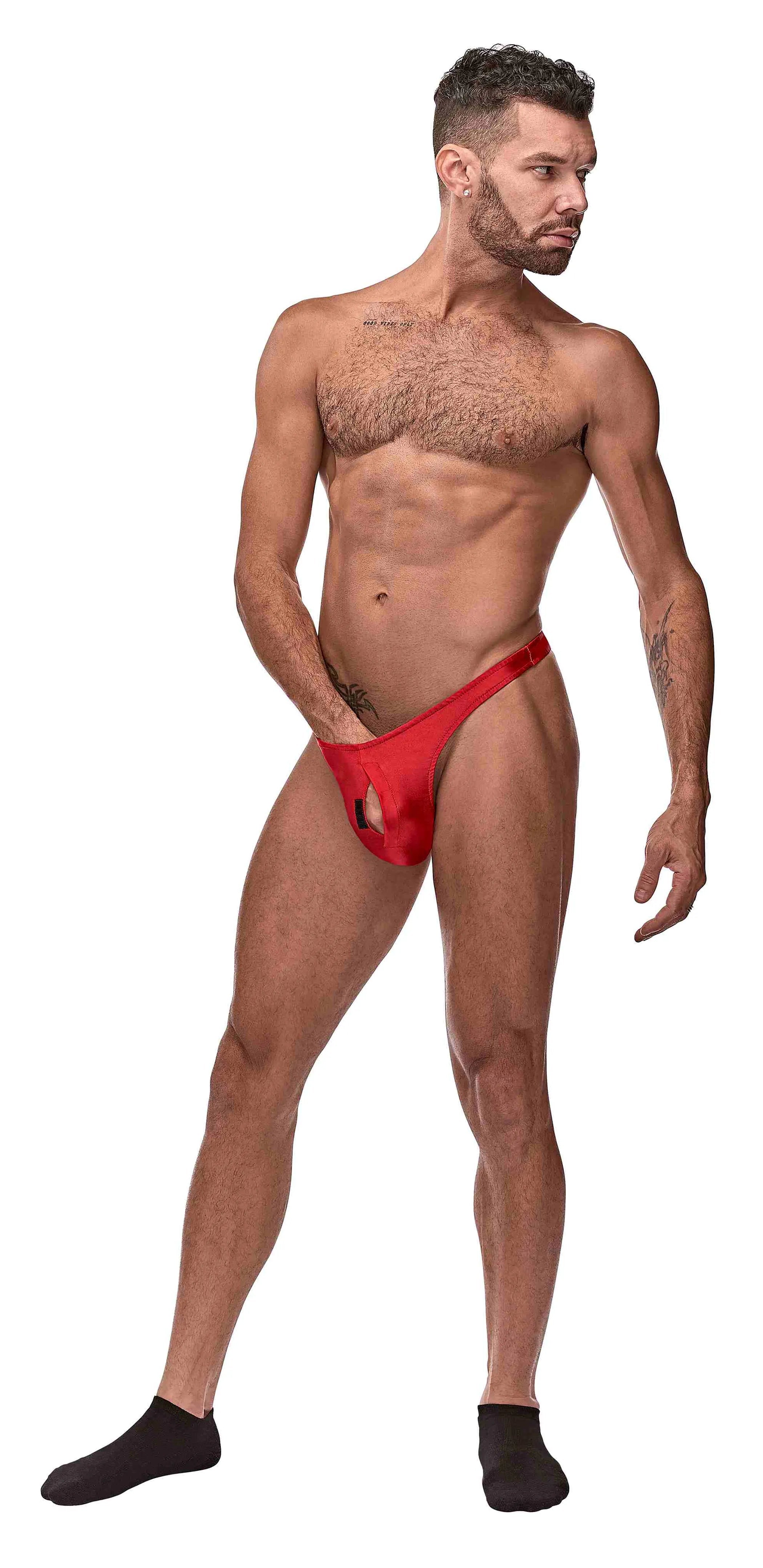 Nylon Spandex Pull Tab Thong — Red (O/S) Male Power Lingerie