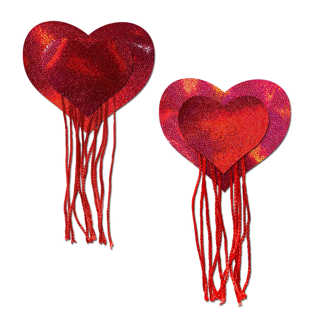Red Holographic Heart Pasties with Tassel Fringe Pastease