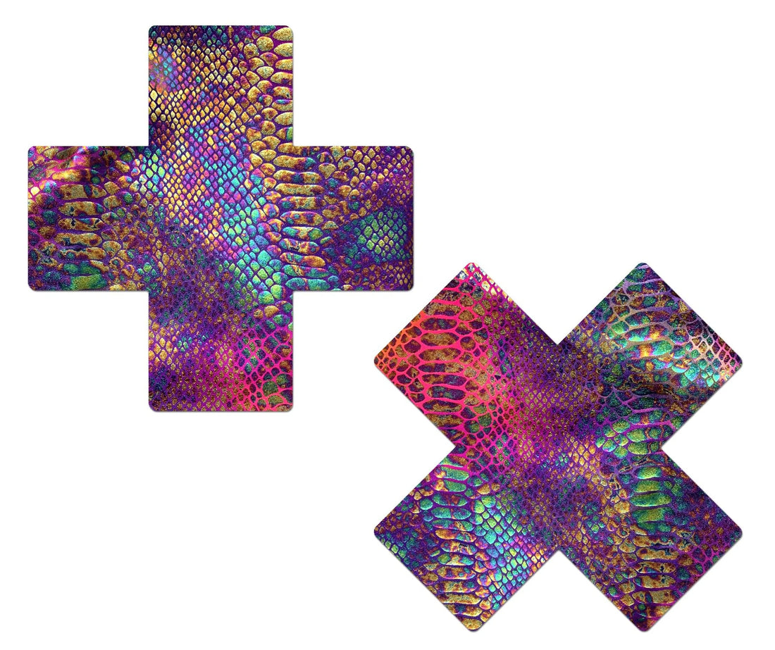 Pastease Plus X Neon Rainbow Tie Dye Snake Print Cross Pasties Pastease