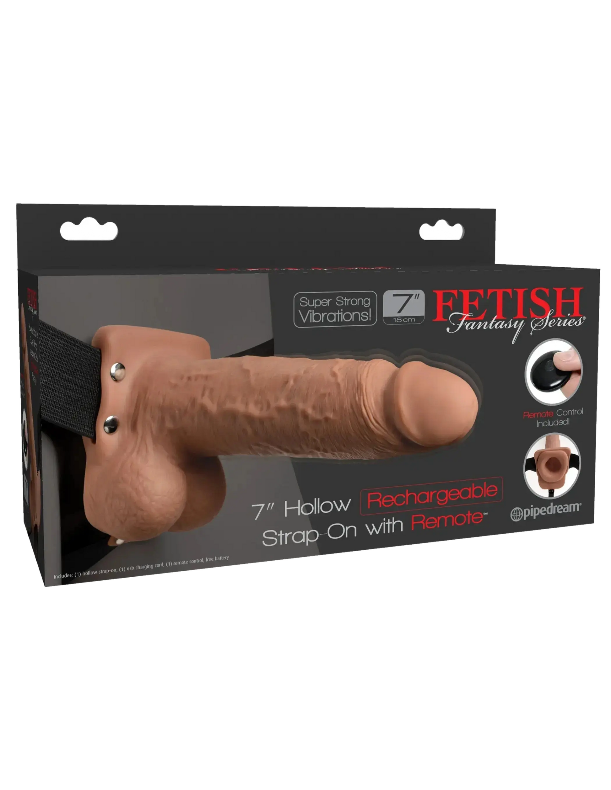 FETISH FANTASY 7 IN HOLLOW RECHARGEABLE STRAP-ON REMOTE TAN Pipedream Products