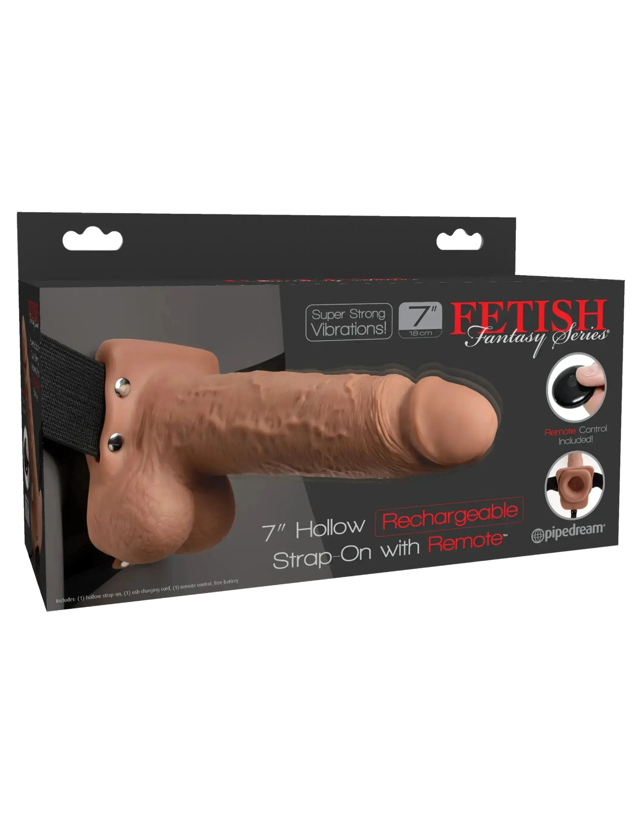 FETISH FANTASY 7 IN HOLLOW RECHARGEABLE STRAP-ON REMOTE TAN Pipedream Products