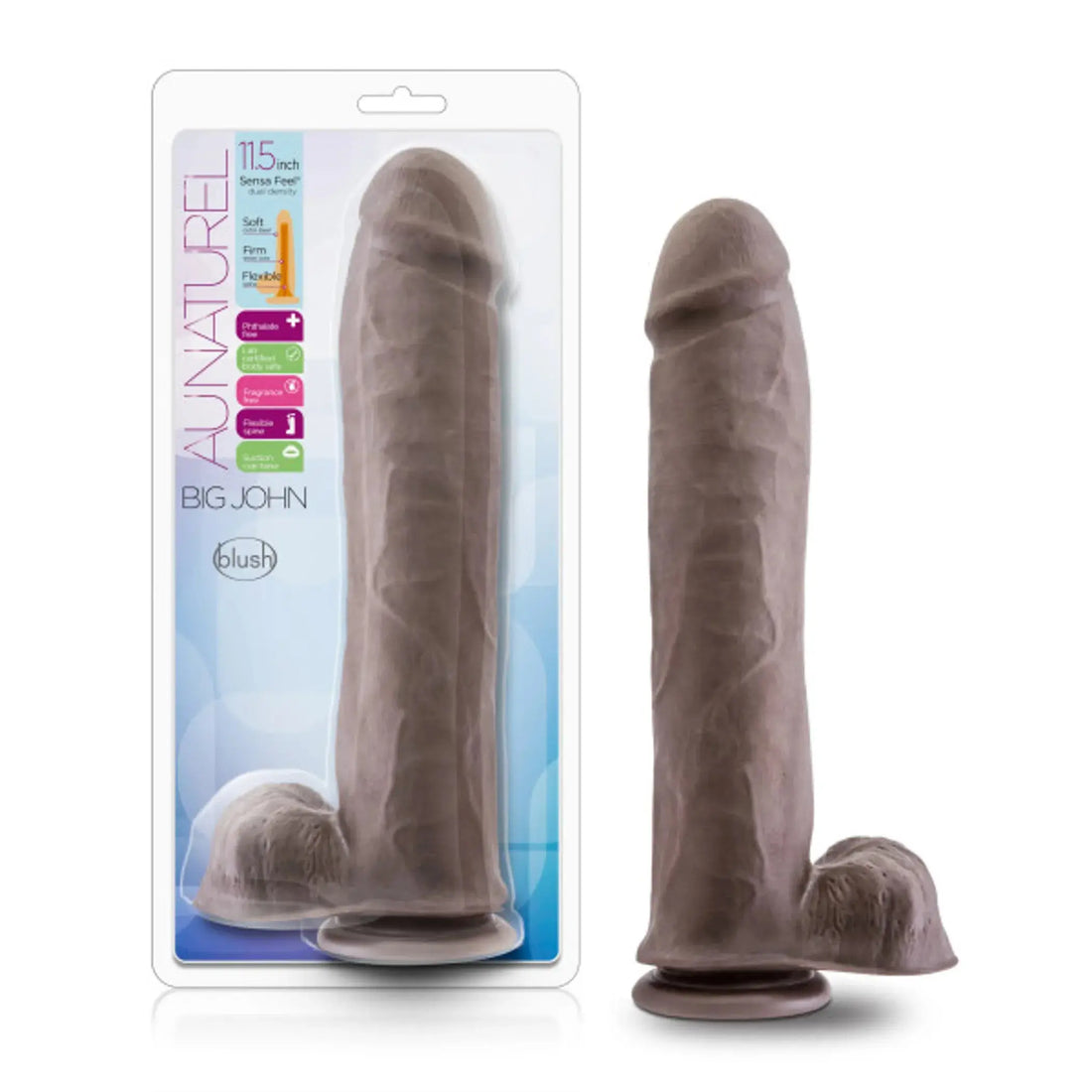 AU NATUREL BIG JOHN 11.5IN SENSA FEEL DUAL DENSITY DILDO CHOCOLATE Blush Novelties