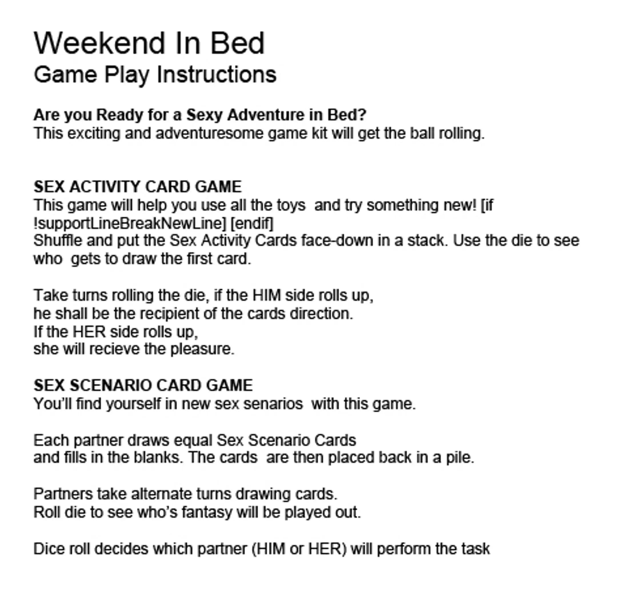 Behind Closed Doors Weekend in Bed Game Kit Little Genie