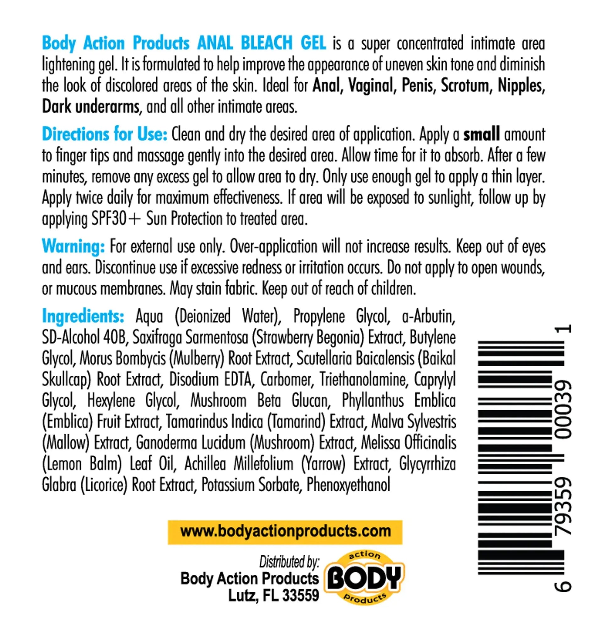 Body Action Anal Bleach Gel 1 oz Bottle Body Action Products