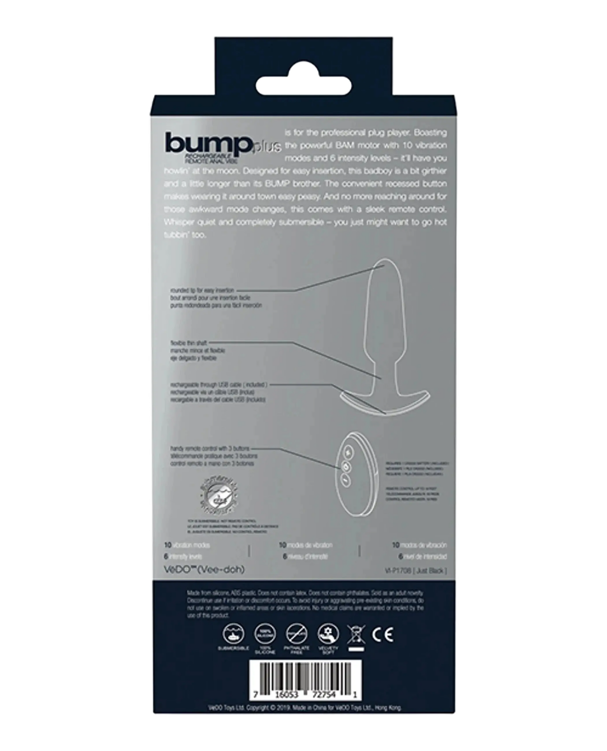 VEDO BUMP PLUS RECHARGEABLE REMOTE CONTROL ANAL VIBE JUST BLACK Vedo