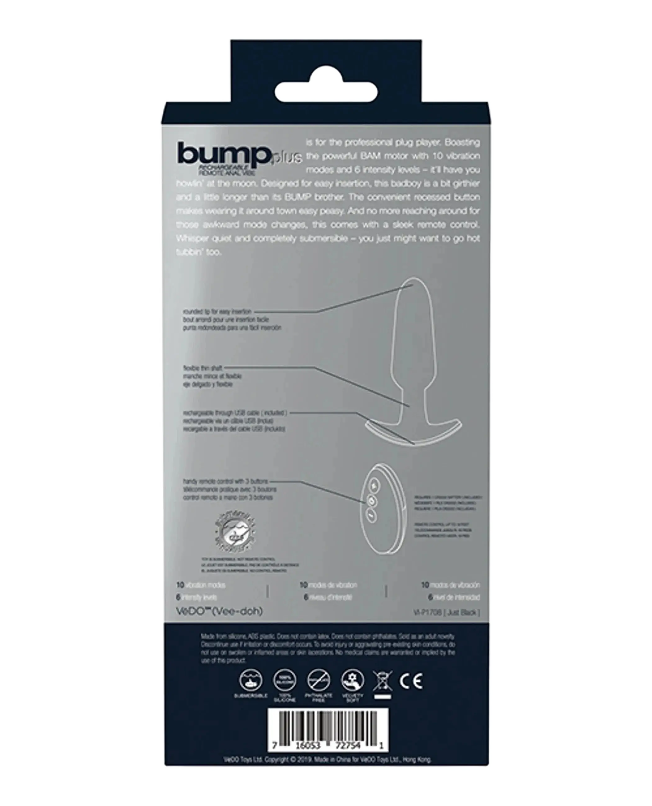 VEDO BUMP PLUS RECHARGEABLE REMOTE CONTROL ANAL VIBE JUST BLACK Vedo