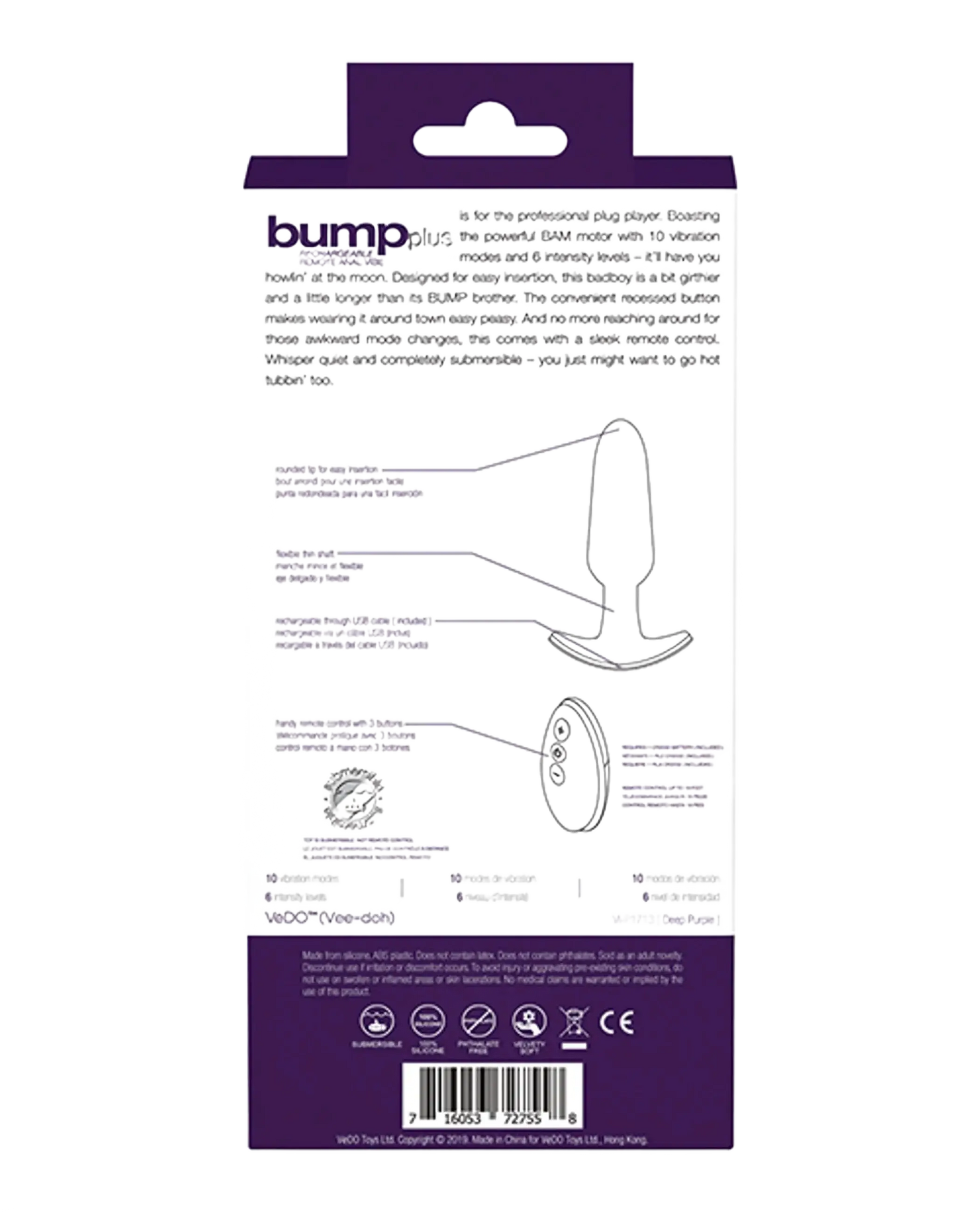 VEDO BUMP PLUS RECHARGEABLE REMOTE CONTROL ANAL VIBE DEEP PURPLE Vedo