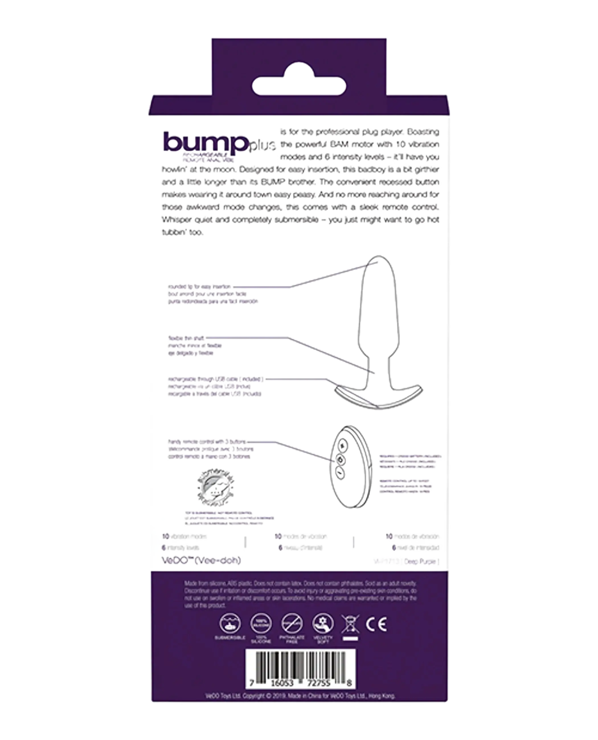 VEDO BUMP PLUS RECHARGEABLE REMOTE CONTROL ANAL VIBE DEEP PURPLE Vedo