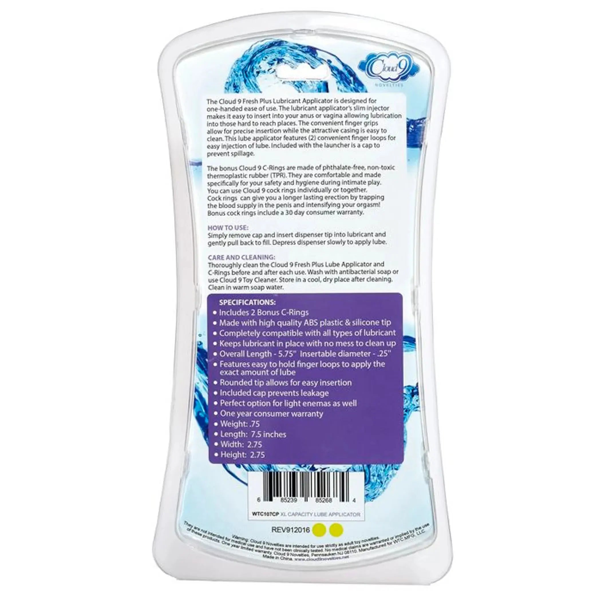 Cloud 9 Fresh Premium XL Lube Applicator with 2 Bonus C-Rings Cloud 9 Novelties