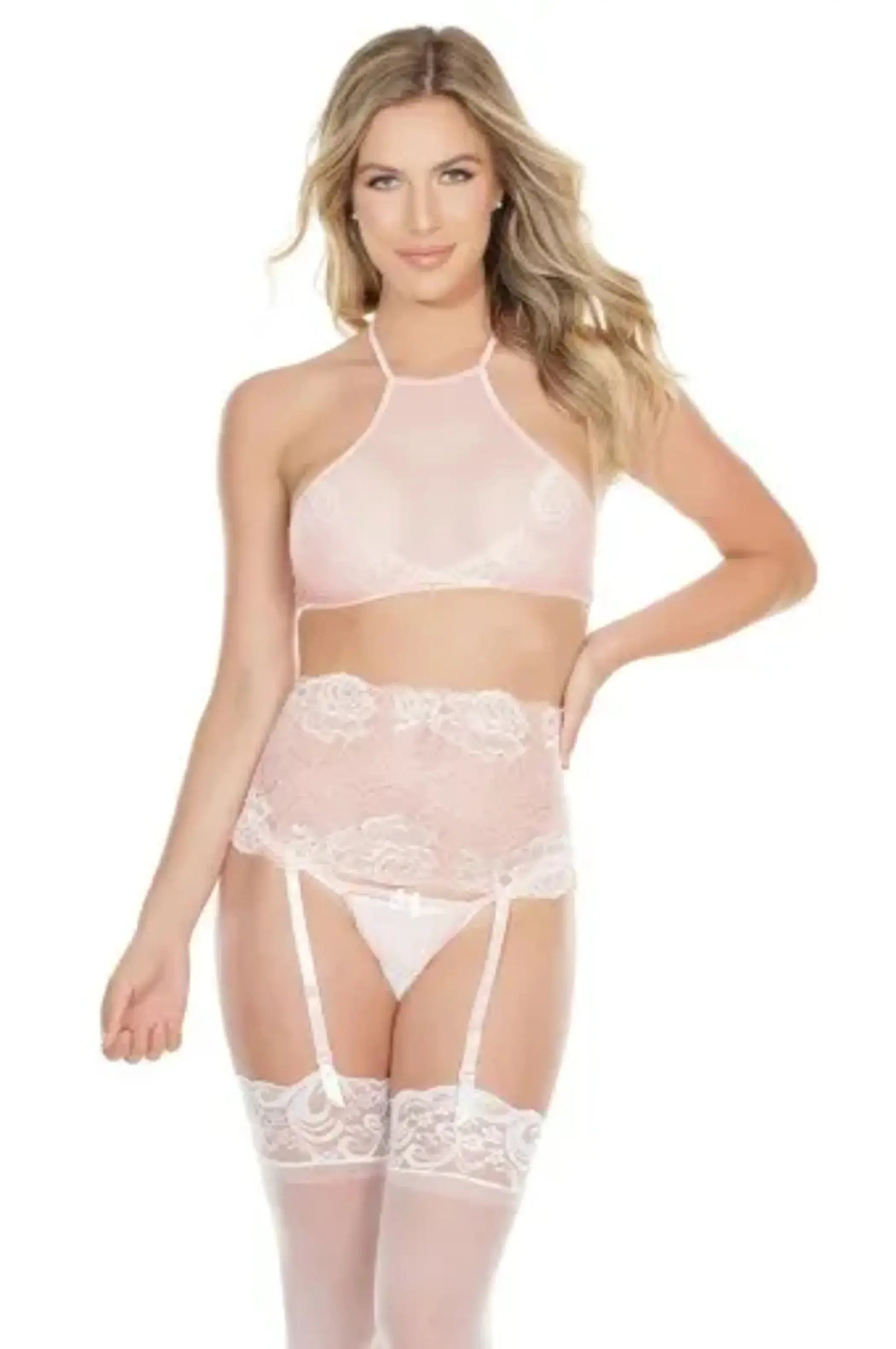Coquette Crop Halter Top Waist Cincher & Crotchless G-String Coquette