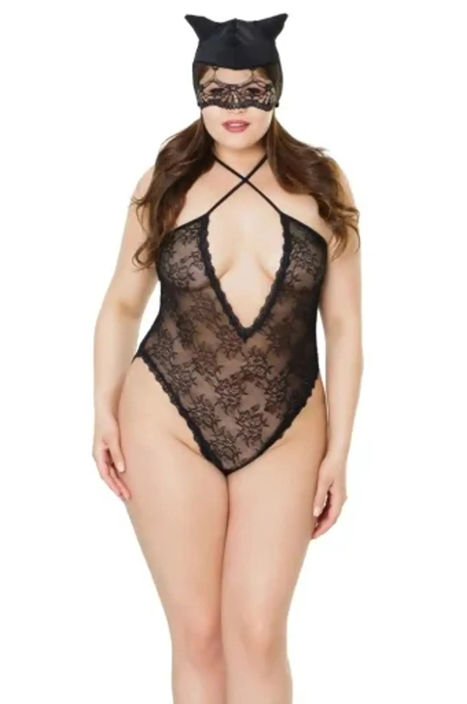 Coquette Kitty Lace Crotchless Teddy W/ Cat Mask - Color: Black | Pack Of: 1 | Style: Clothing Coquette