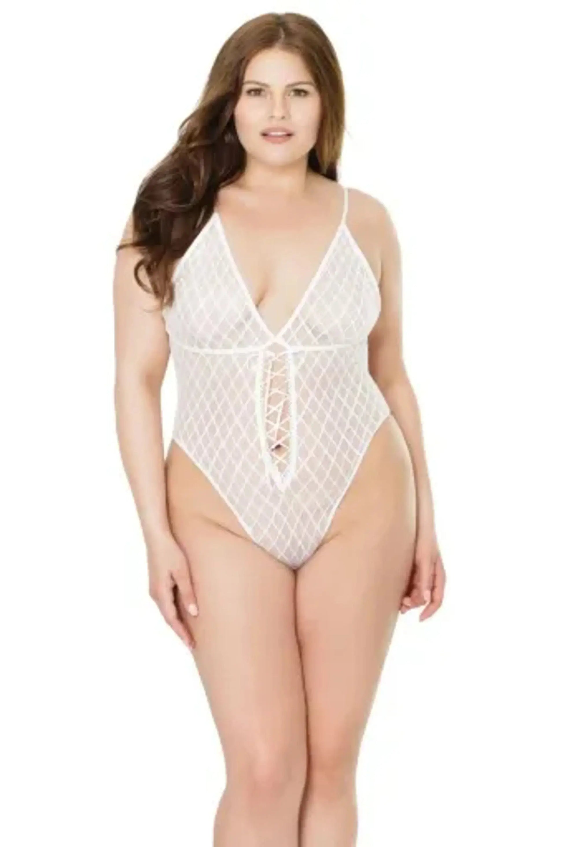 Coquette Mesh High Cut Hidden Crotchless Teddy - Color: White | Pack Of: 1 | Style: Clothing Coquette