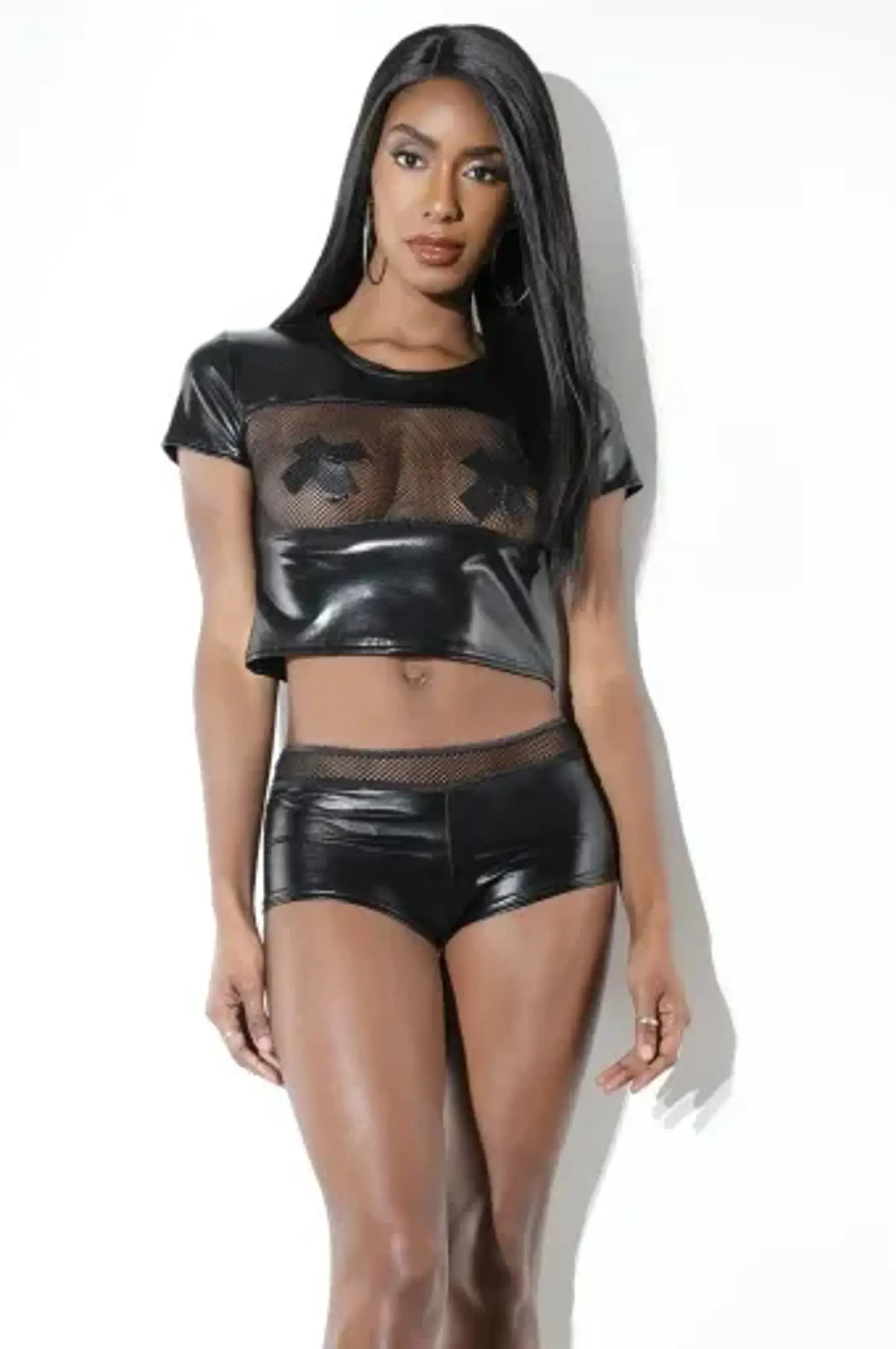 Coquette Wetlook Shirt With Front Fishnet Panel Coquette
