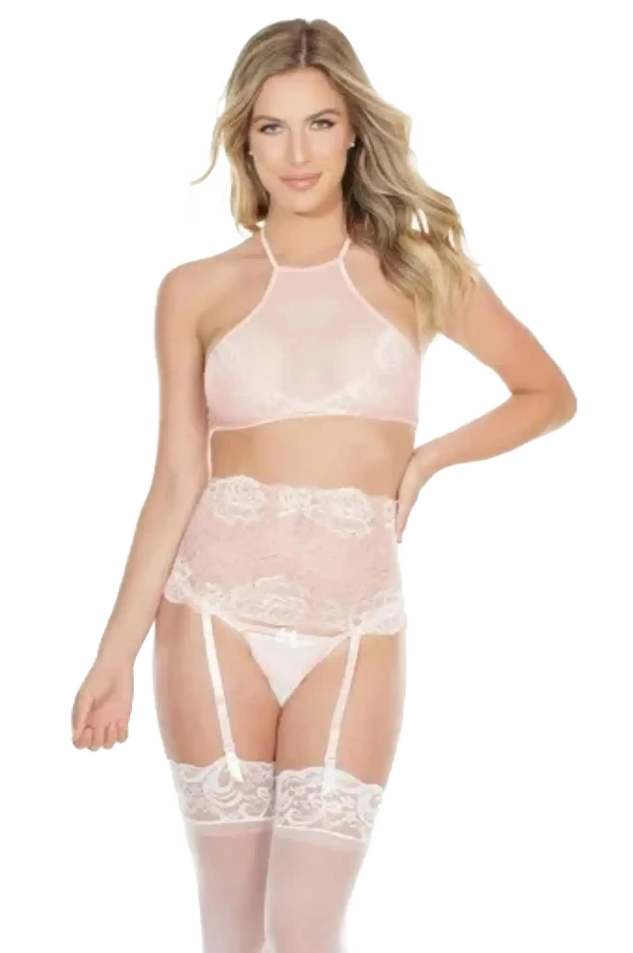 Coquette Crop Halter Top Waist Cincher & Crotchless G-String Coquette