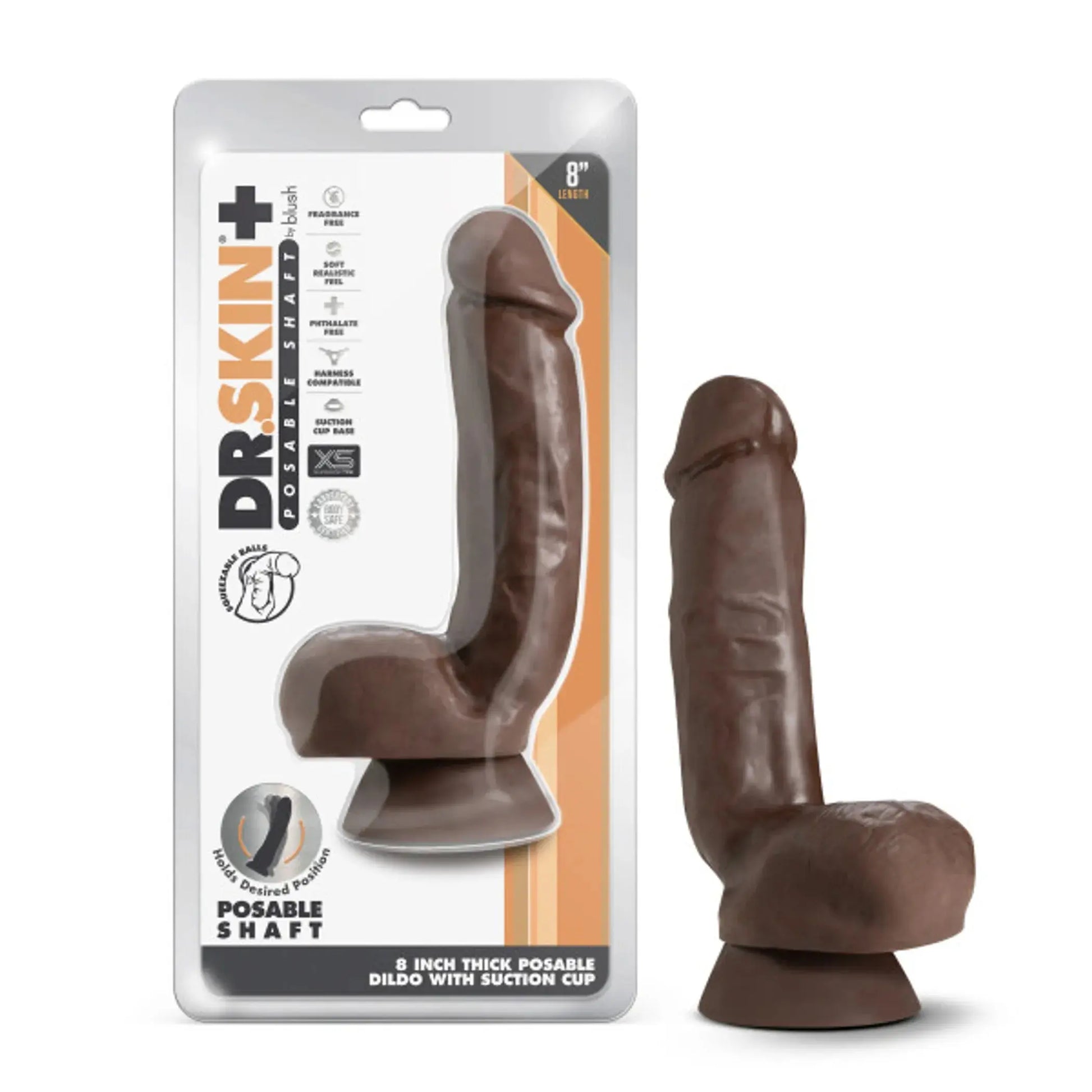 DR SKIN PLUS 8IN THICK DILDO W/ SQUEEZABLE BALLS CHOCOLATE Blush Novelties