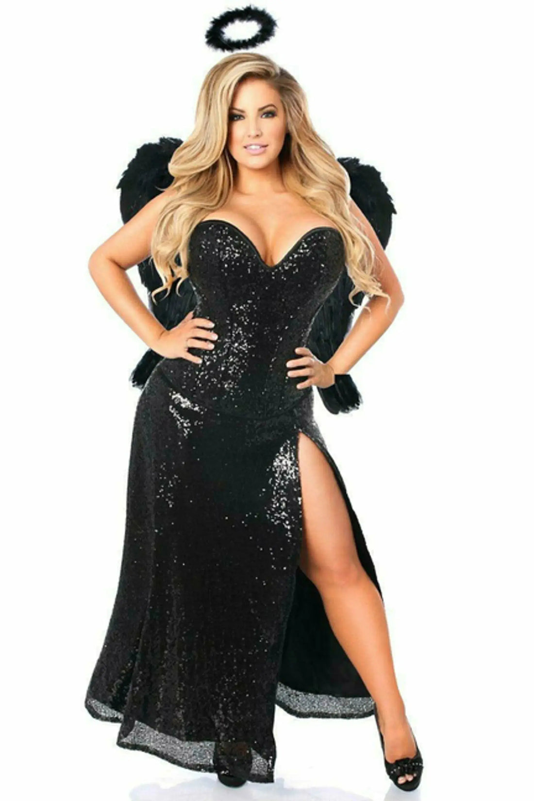 Dark Angel Corset Costume with Sequin Skirt, Wings & Halo Daisy Corsets