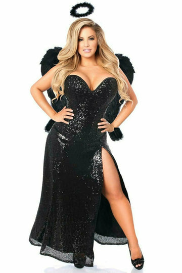 Dark Angel Corset Costume with Sequin Skirt, Wings & Halo Daisy Corsets