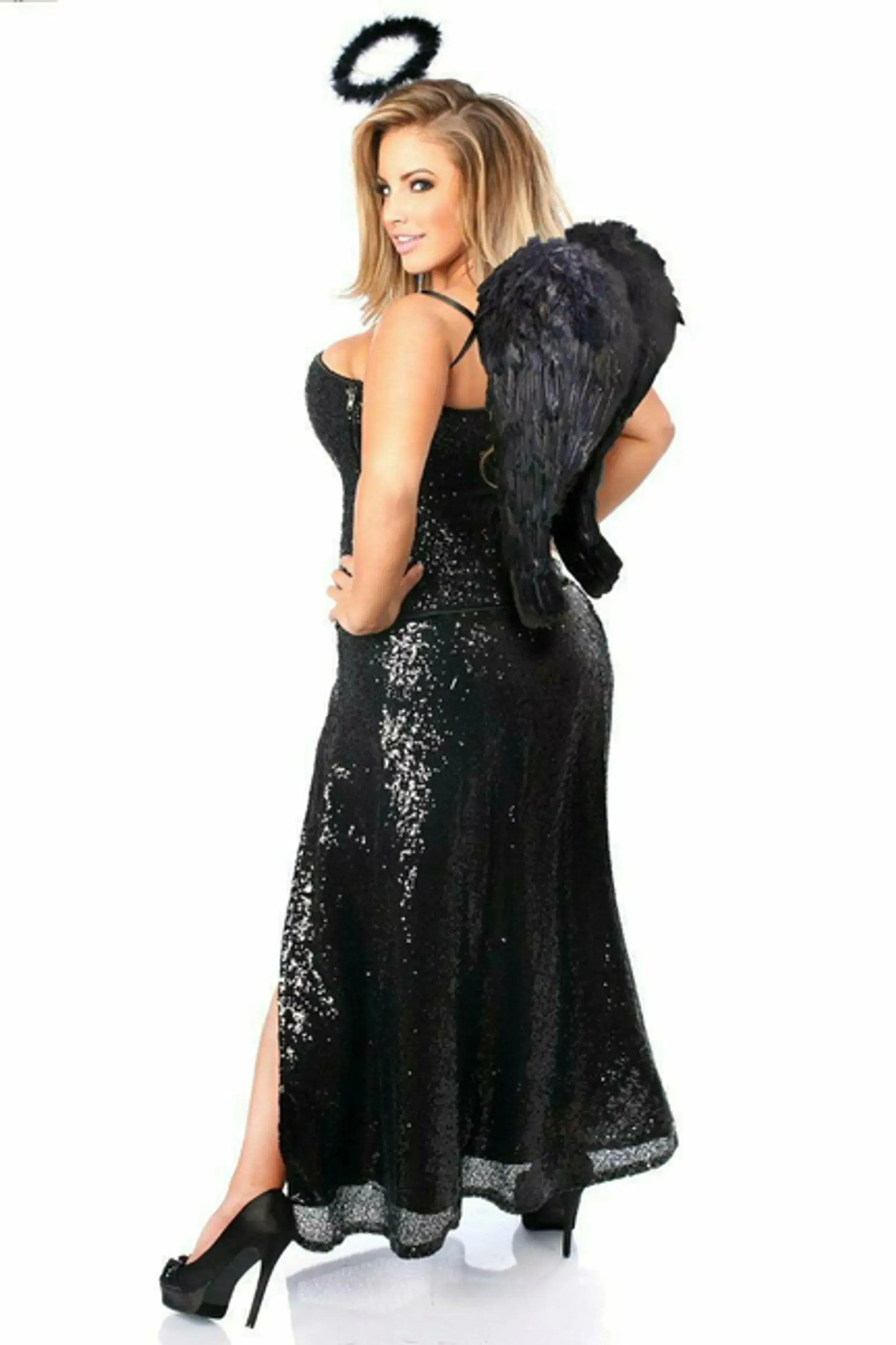 Dark Angel Corset Costume with Sequin Skirt, Wings & Halo Daisy Corsets