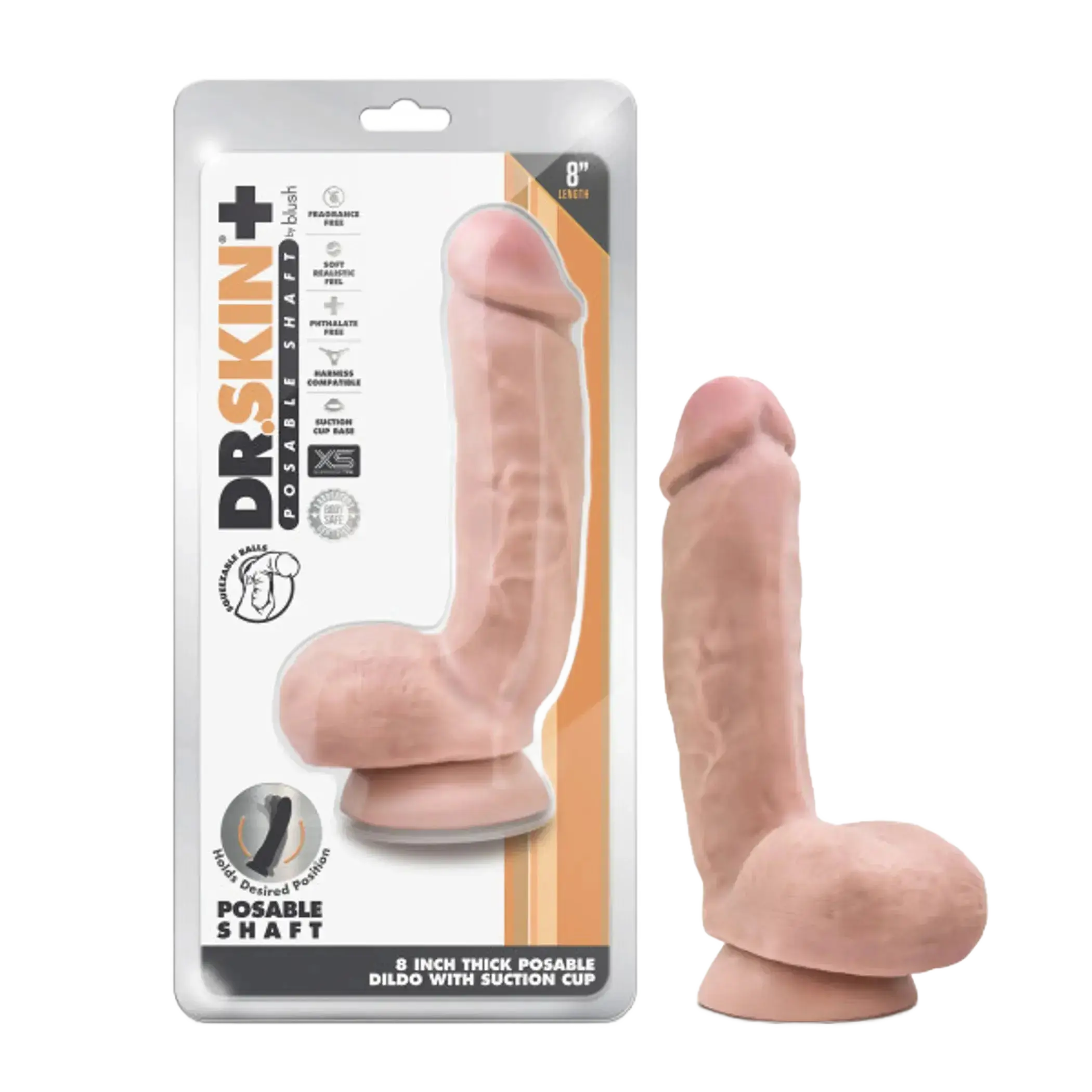 DR SKIN PLUS 8IN THICK DILDO W/ SQUEEZABLE BALLS VANILLA Blush Novelties