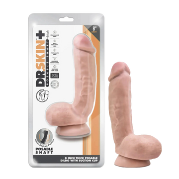 DR SKIN PLUS 8IN THICK DILDO W/ SQUEEZABLE BALLS VANILLA Blush Novelties