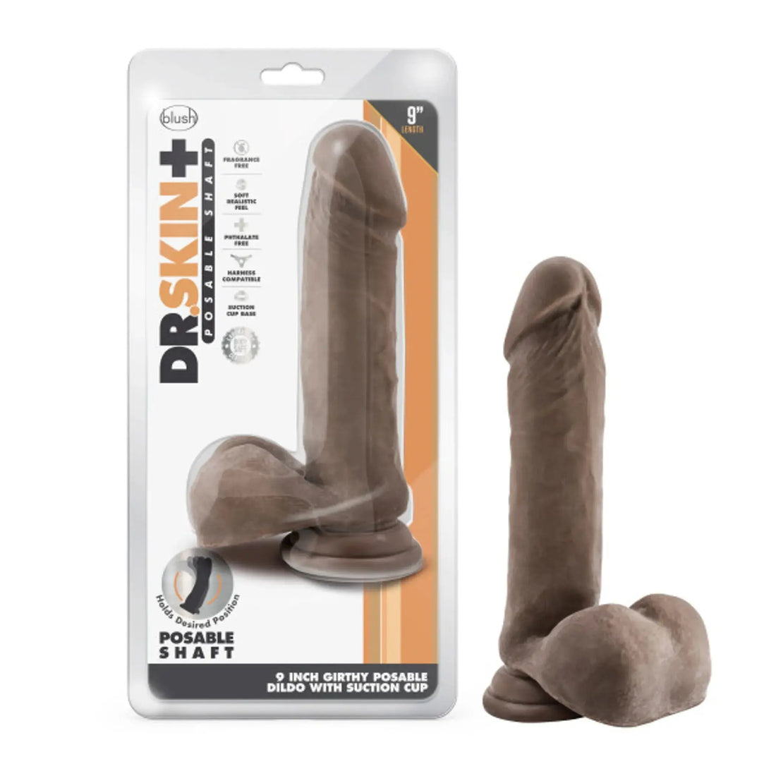 Dr. Skin Plus 9-Inch Thick Posable Dildo with Balls in Chocolate Blush Novelties