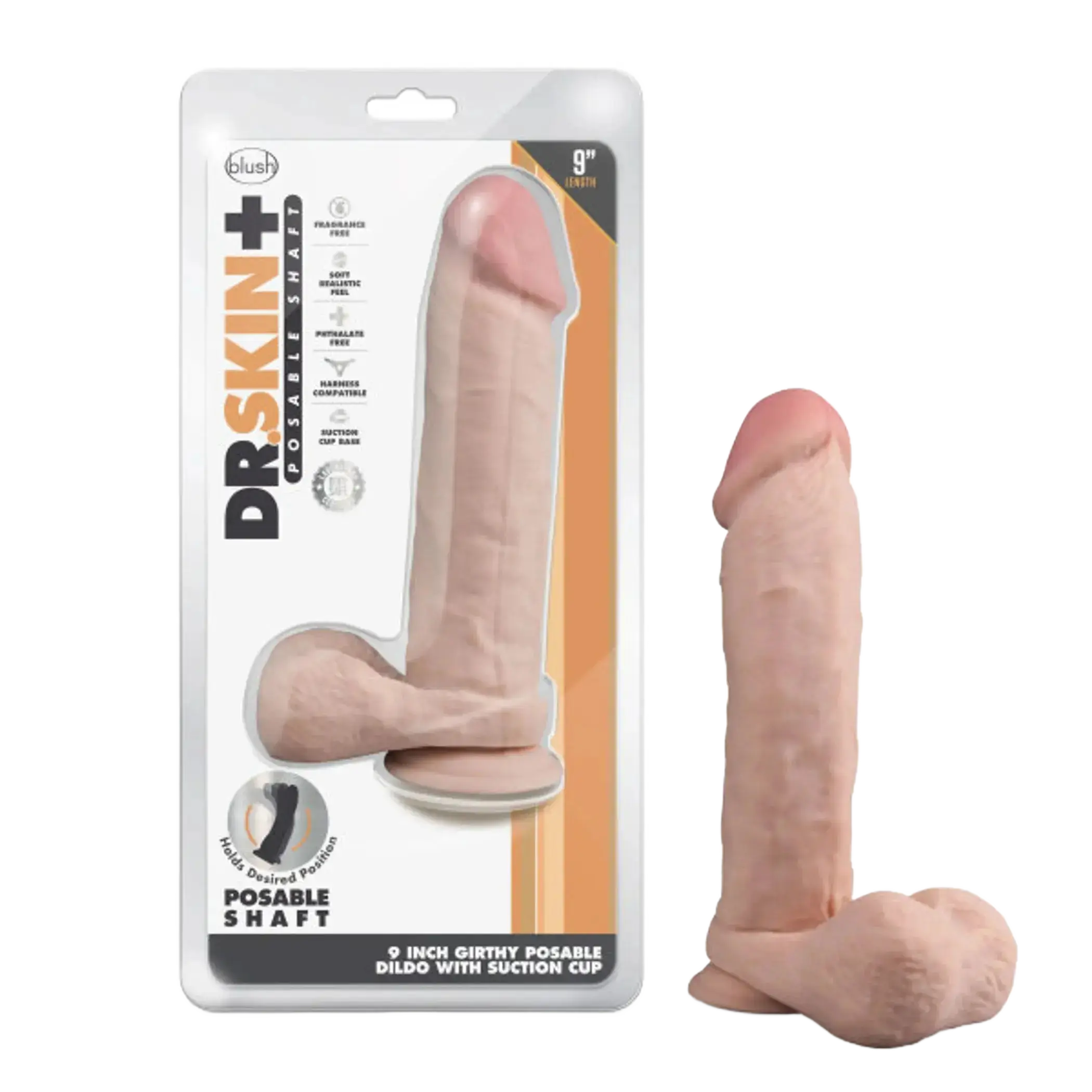 DR SKIN PLUS 9IN THICK POSABLE DILDO W/ BALLS VANILLA Blush Novelties