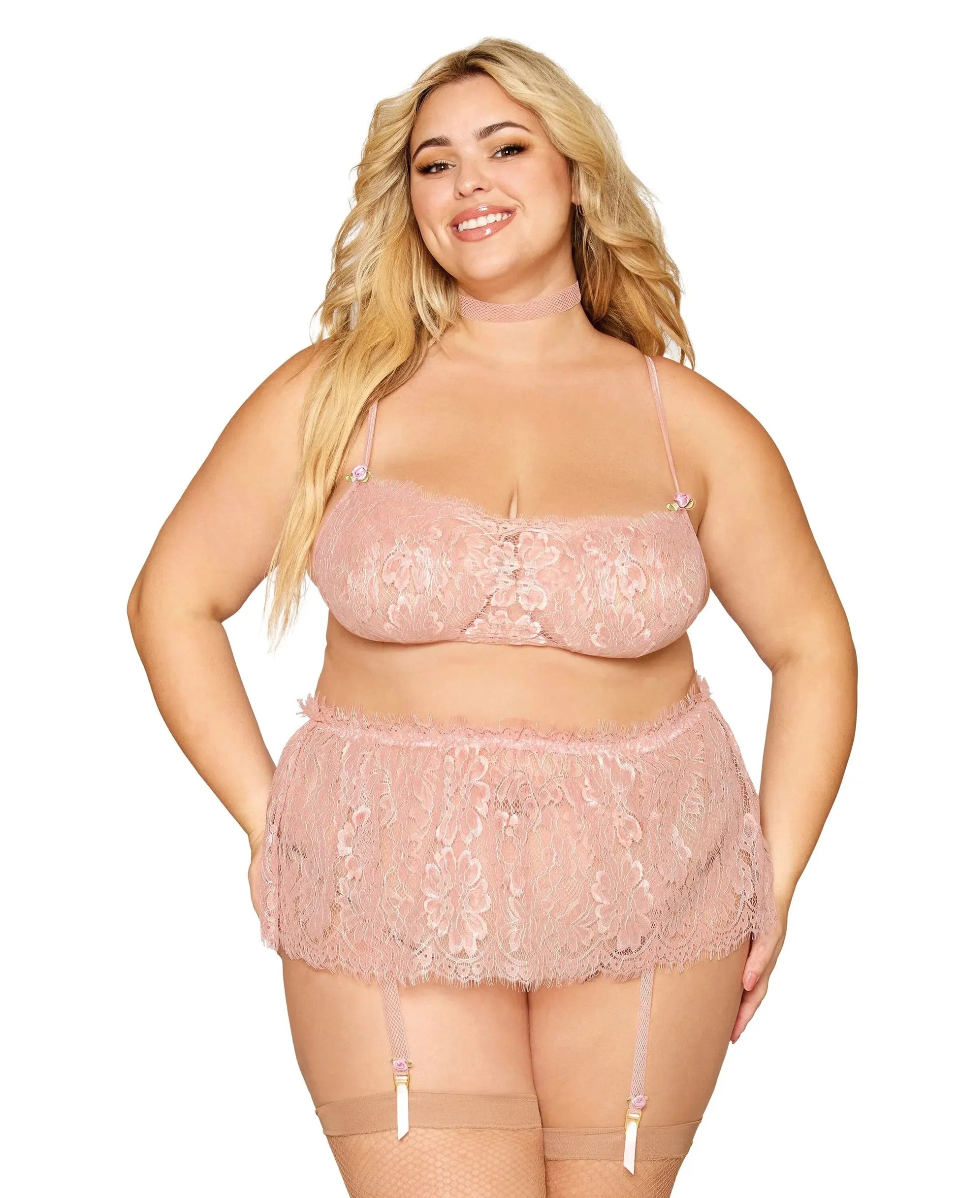 EYELASH LACE BRALETTE GARTER SKIRT SET ROSE QUARTZ Q/S Dream Girl Lingerie