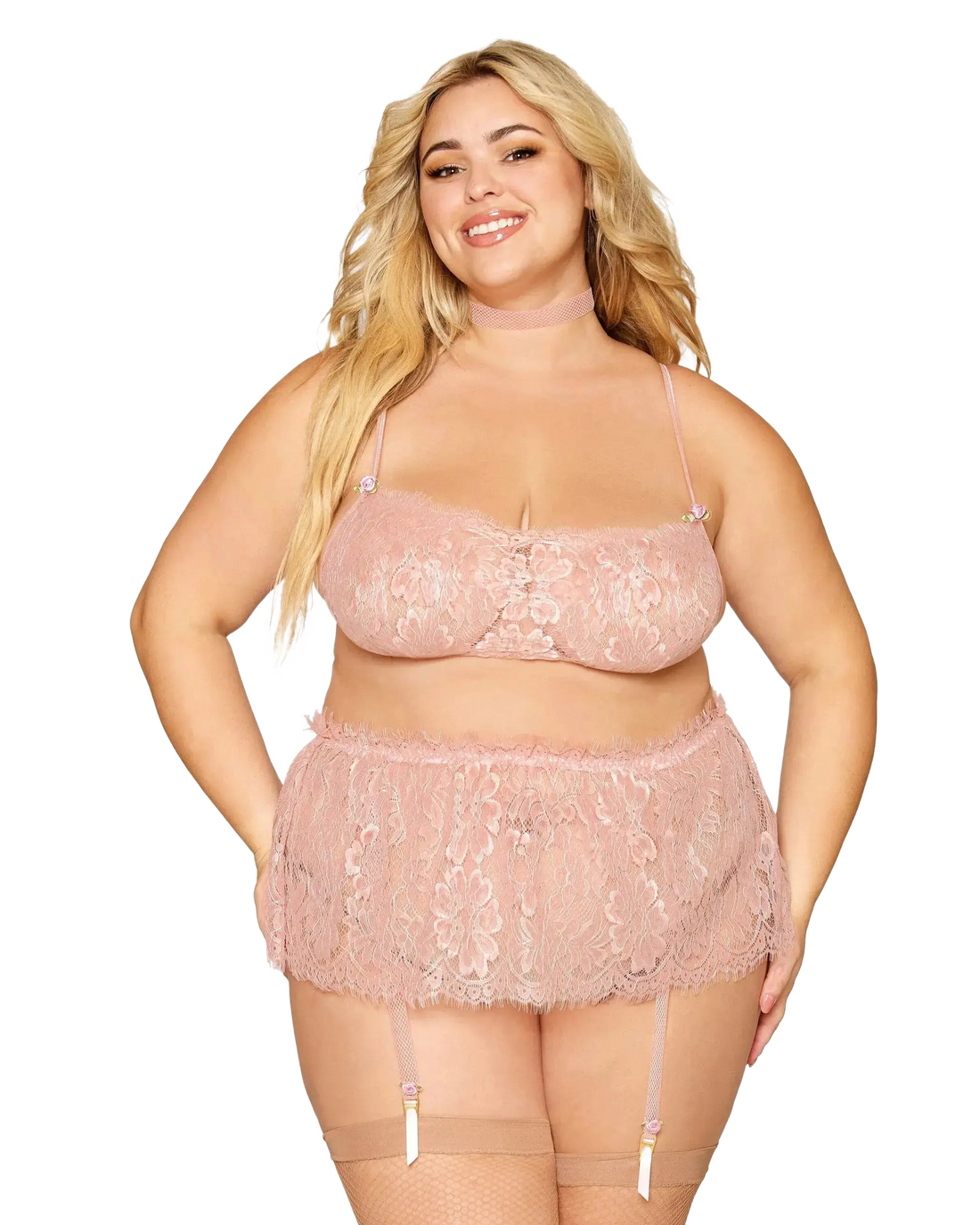 EYELASH LACE BRALETTE GARTER SKIRT SET ROSE QUARTZ Q/S Dream Girl Lingerie