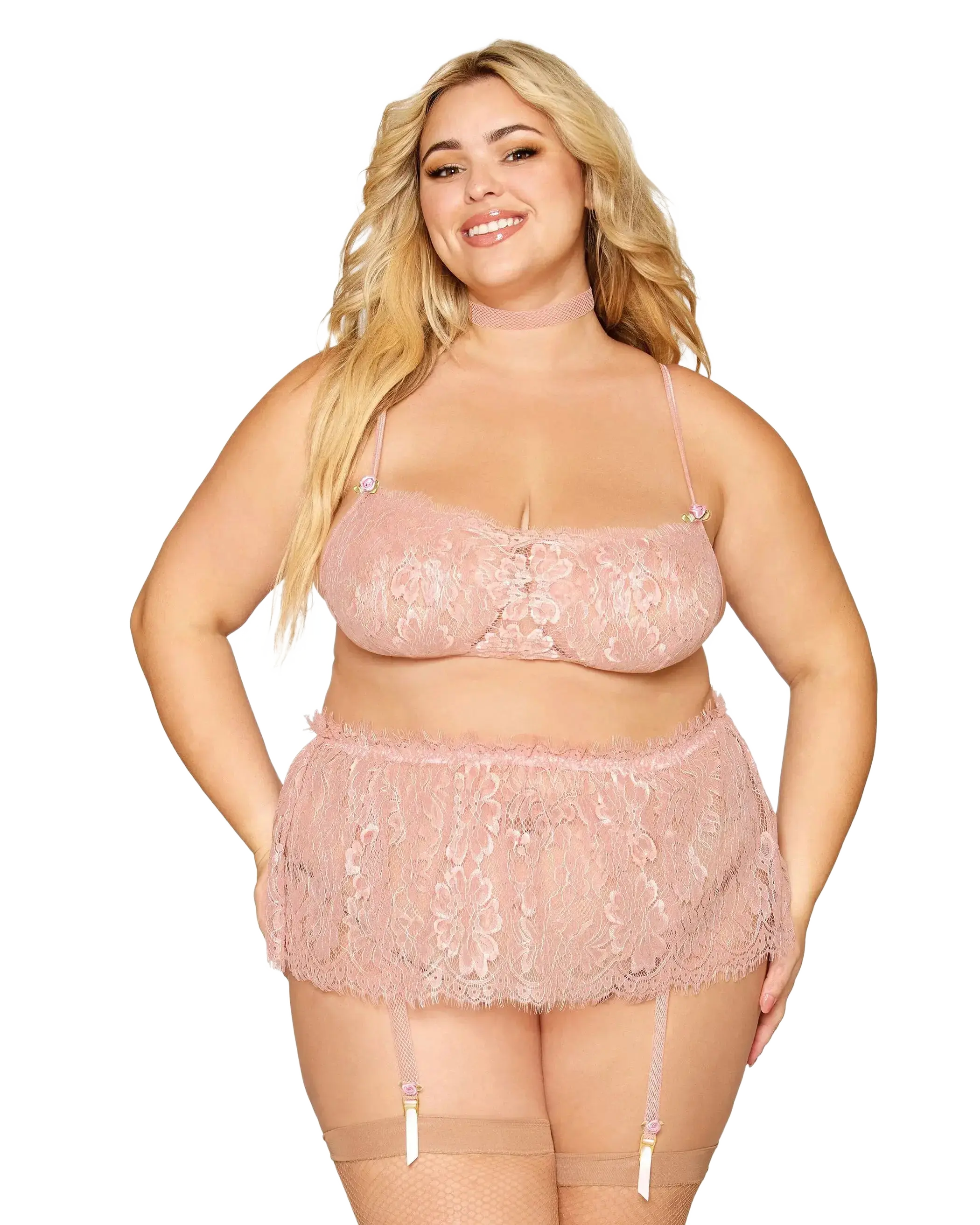 EYELASH LACE BRALETTE GARTER SKIRT SET ROSE QUARTZ Q/S Dream Girl Lingerie