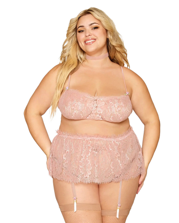 EYELASH LACE BRALETTE GARTER SKIRT SET ROSE QUARTZ Q/S Dream Girl Lingerie