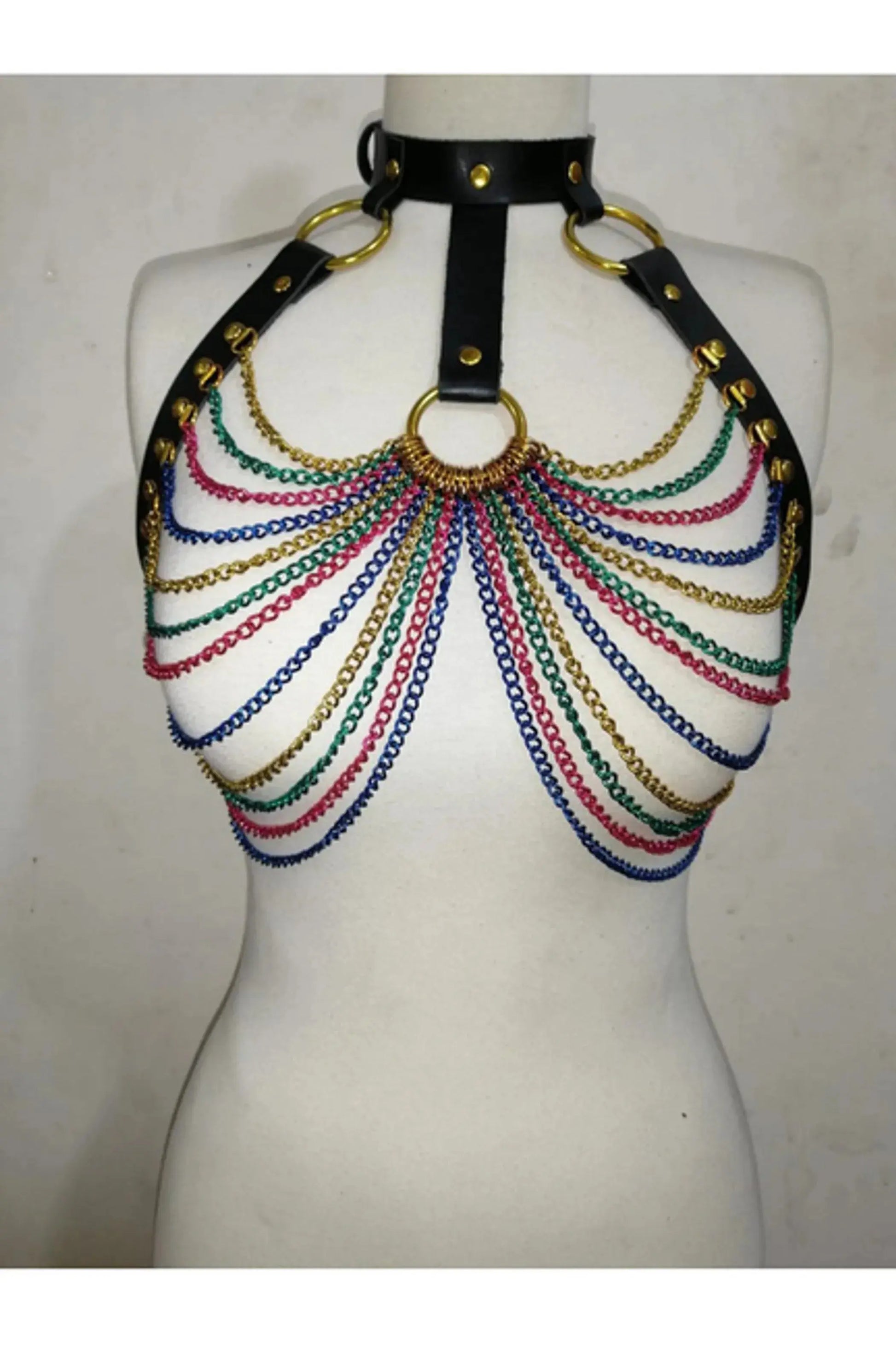 Faux Leather and Rainbow Metallic Chain Harness Daisy Corsets