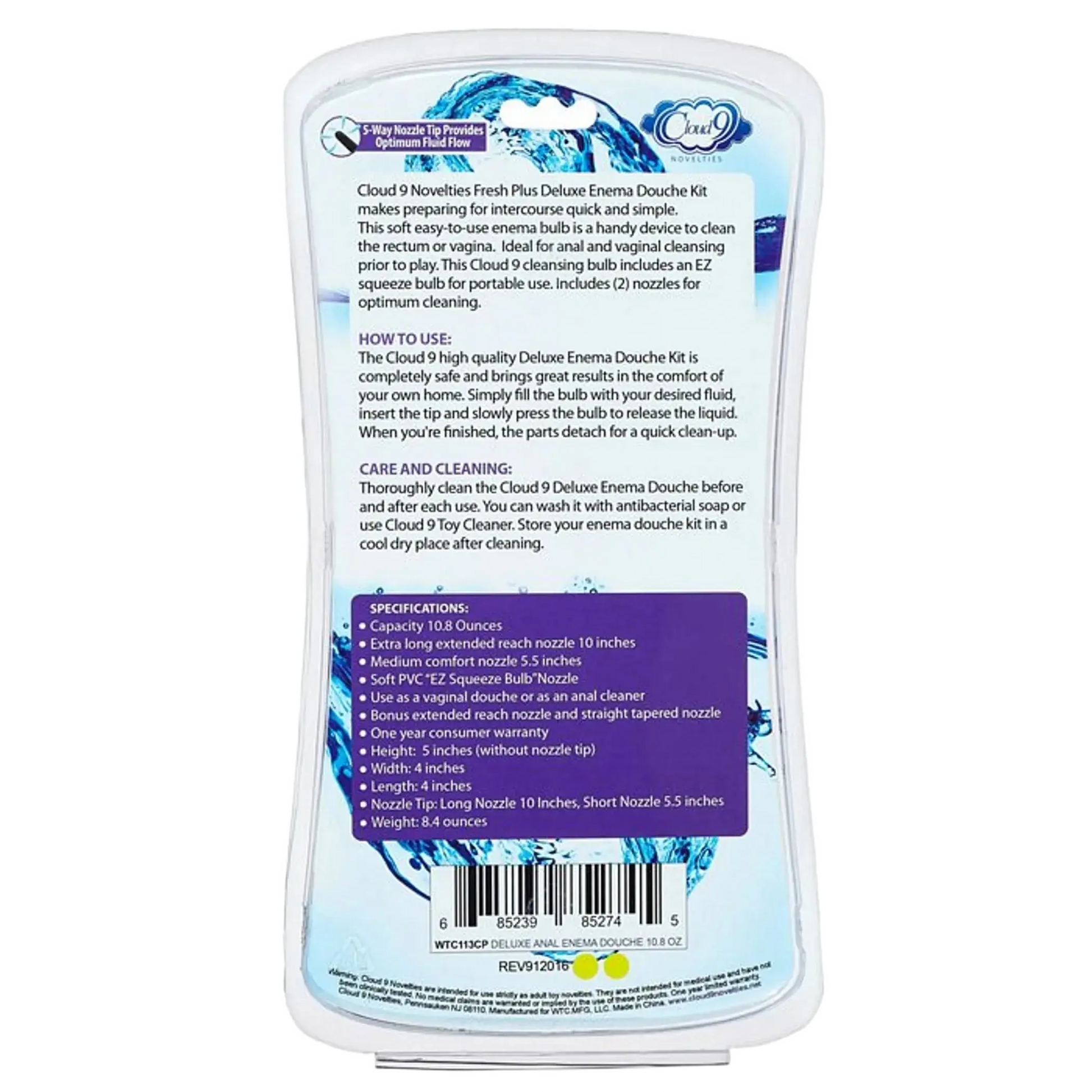 CLOUD 9 FRESH + DELUXE ANAL ENEMA DOUCHE KIT 10.8 OZ EZ SQUEEZE BULB W/ SOFT NOZZLE Cloud 9 Novelties