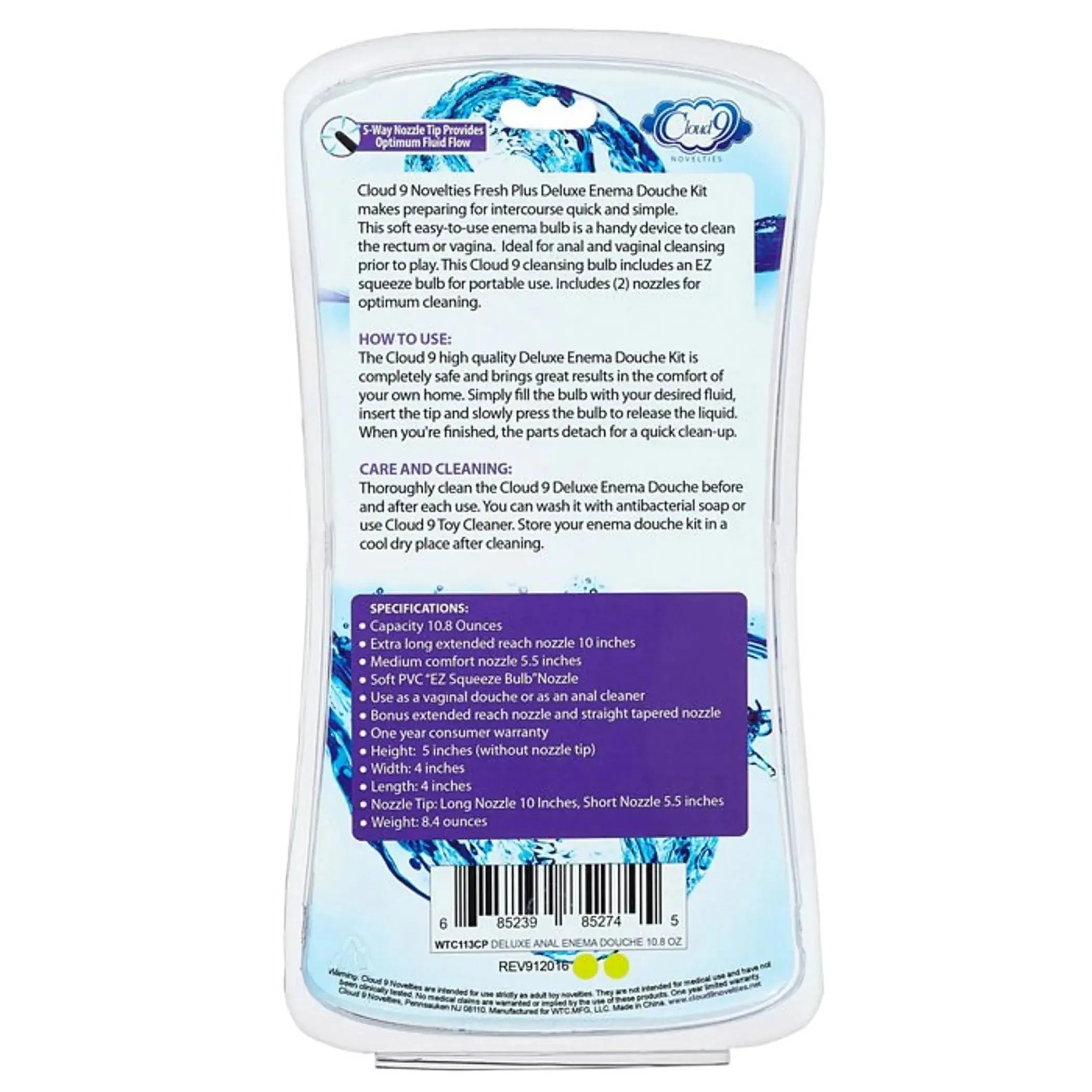 CLOUD 9 FRESH + DELUXE ANAL ENEMA DOUCHE KIT 10.8 OZ EZ SQUEEZE BULB W/ SOFT NOZZLE Cloud 9 Novelties