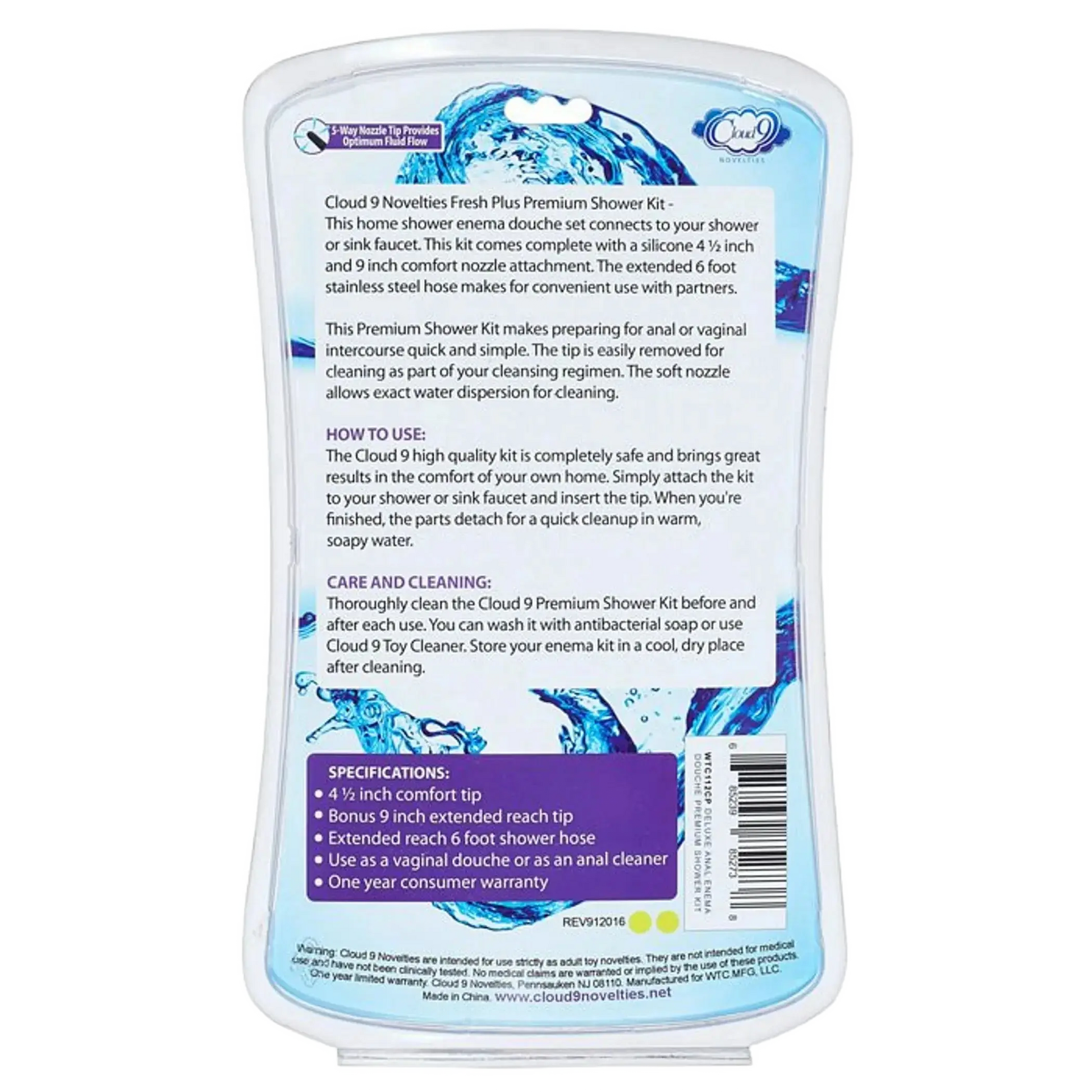 CLOUD 9 FRESH + DELUXE ANAL ENEMA PREMIUM SHOWER KIT W/ 2 TIPS & 6 FT STAINLESS STEEL Cloud 9 Novelties