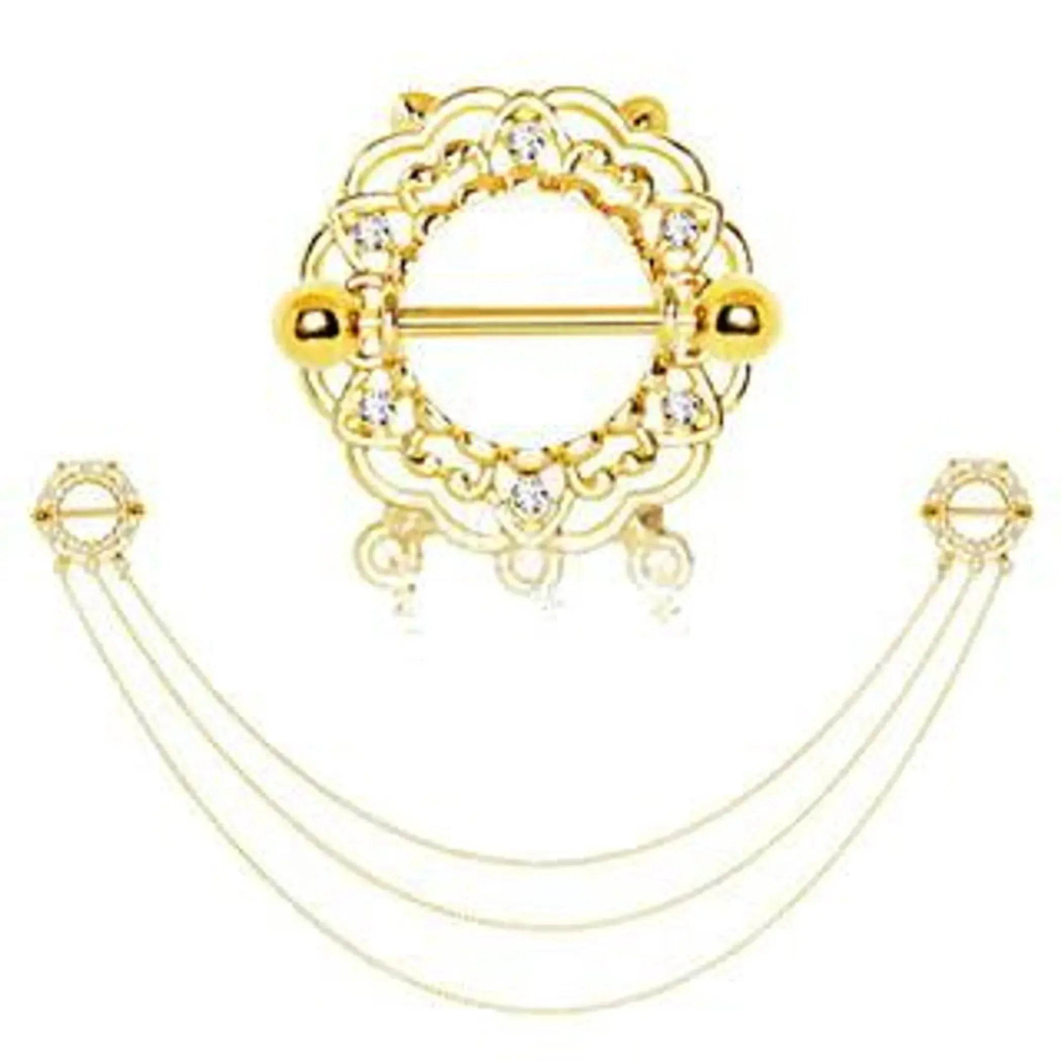 Gold Plated Triple Chain Floral Nipple Shields Fashion Hut Jewelry