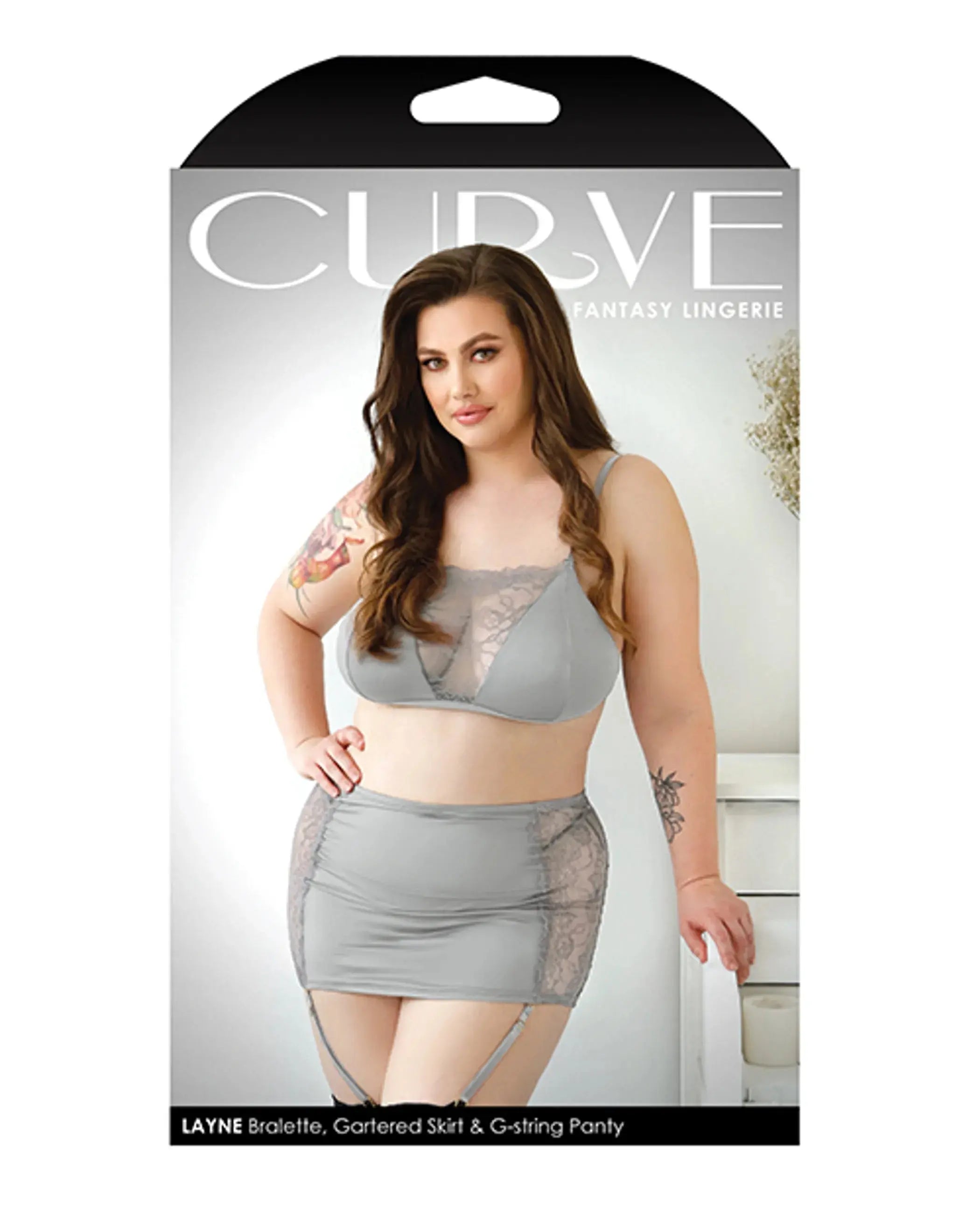 LAYNE BRALETTE GARTERED SKIRT & G-STRING GRAY 1X/2X Fantasy Lingerie